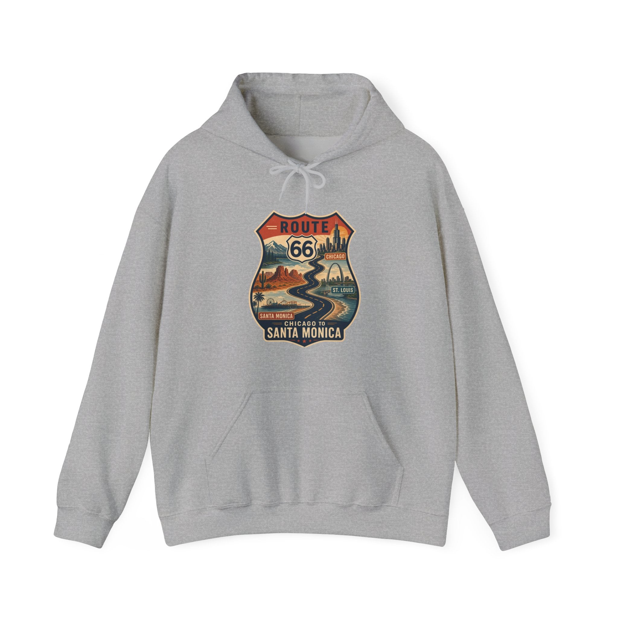 Route 66 Santa Monica Shield hoodie, Vintage road trip graphic