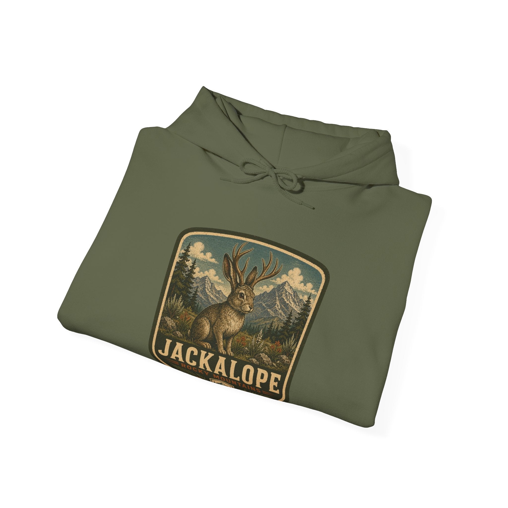 Vintage Jackalope Patch Hoodie, Mountain Wildlife Illustration