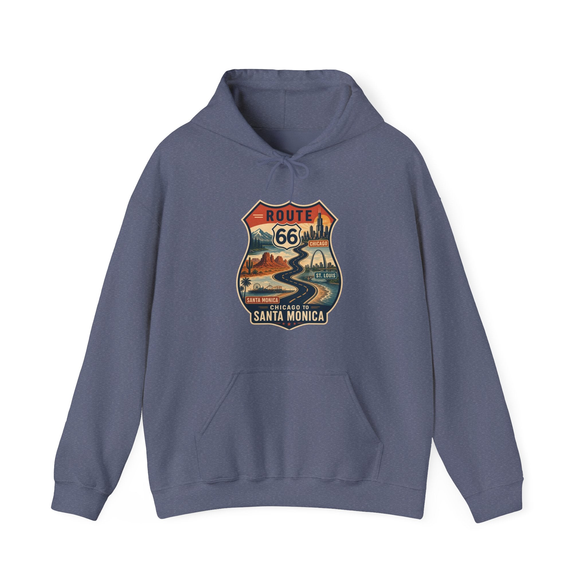 Route 66 Santa Monica Shield hoodie, Vintage road trip graphic
