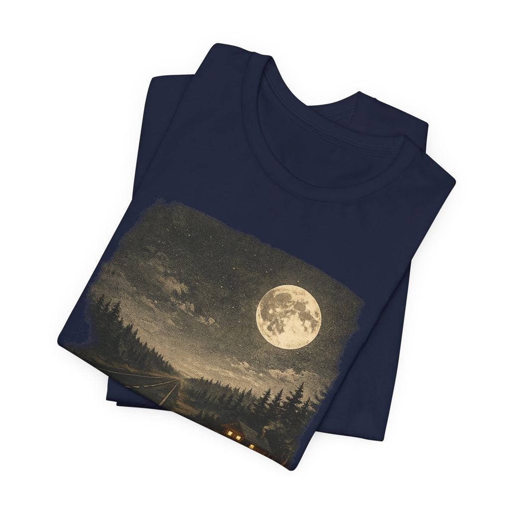 Full Moon Cabin Road T-Shirt, Night Forest Moonlight Scene
