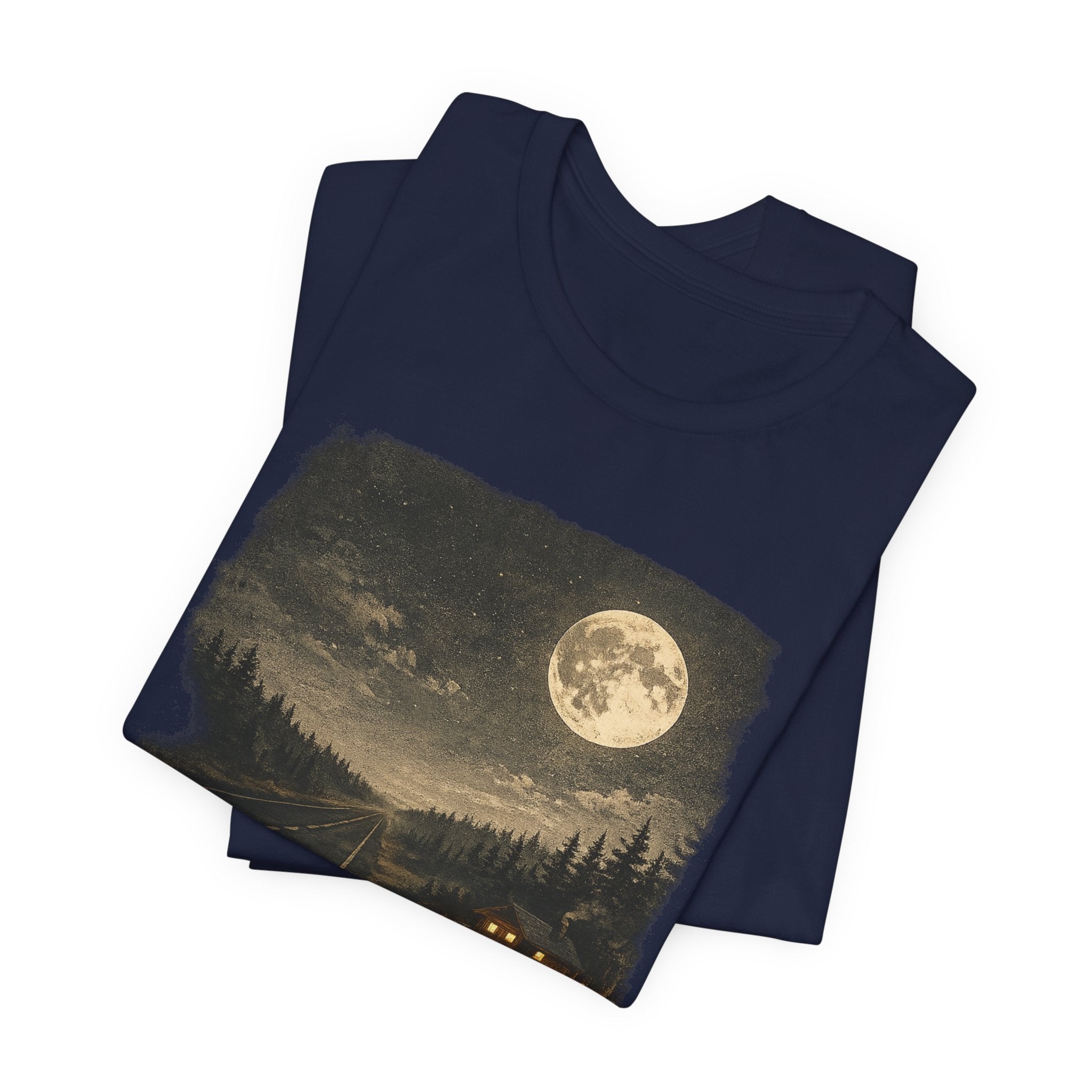 Full Moon Cabin Road T-Shirt, Night Forest Moonlight Scene