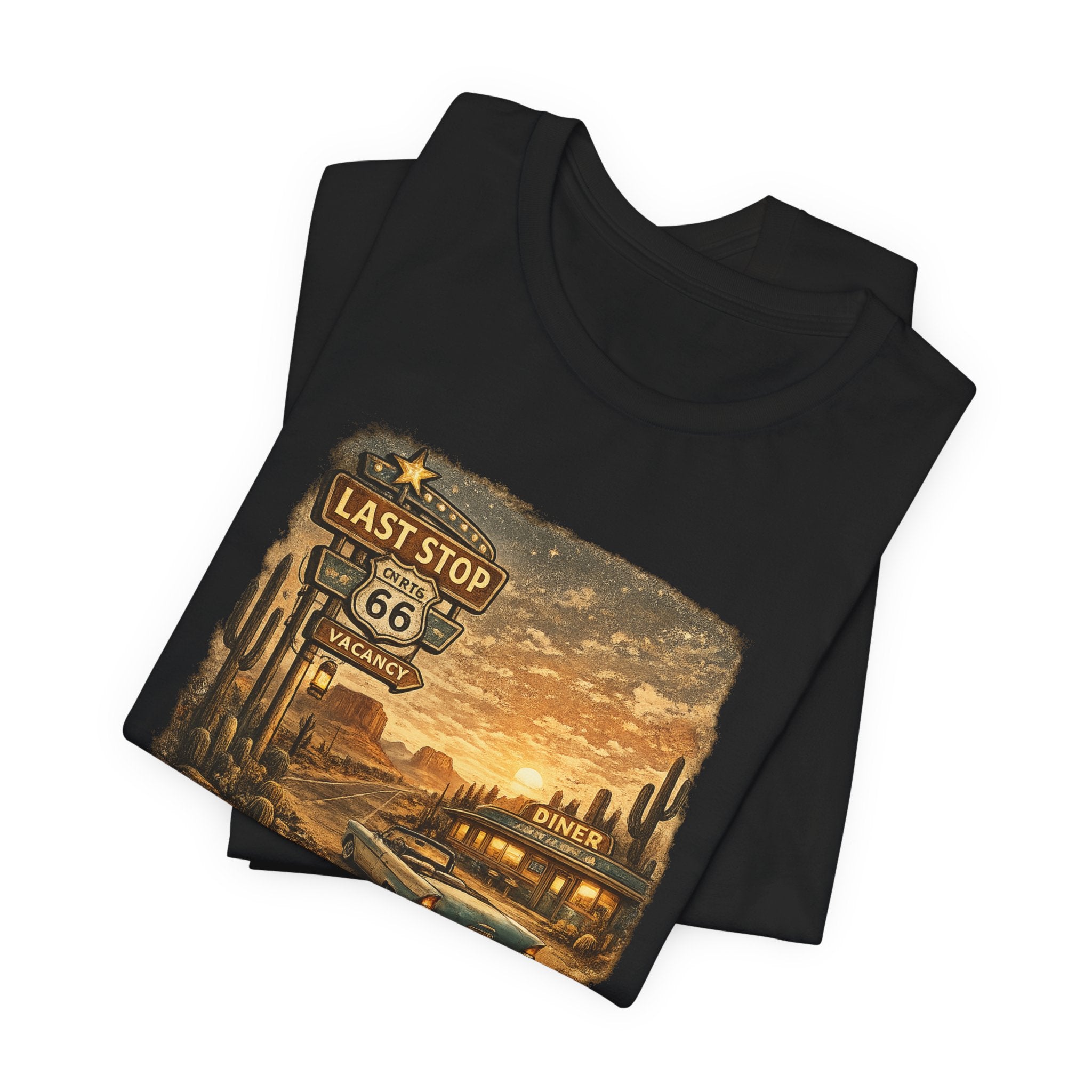 Route 66 Last Stop, T-Shirt | Desert Sunset Diner Highway Scene