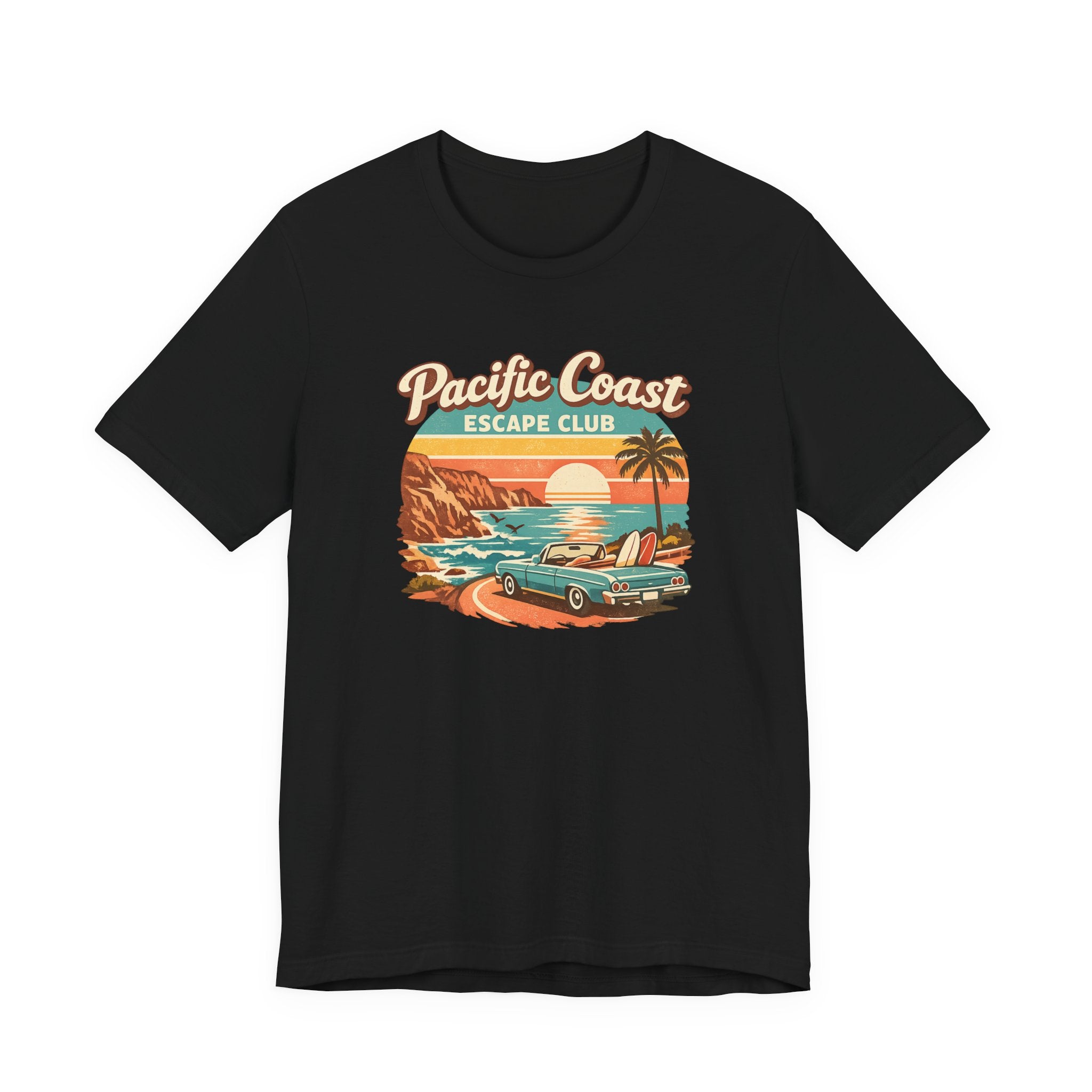 Pacific Coast Escape Club T-Shirt | Vintage Sunset Beach Car Design
