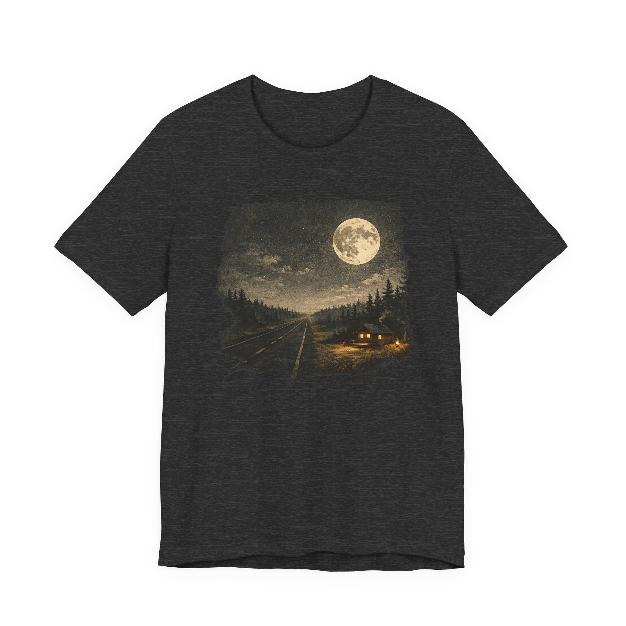 Full Moon Cabin Road T-Shirt, Night Forest Moonlight Scene