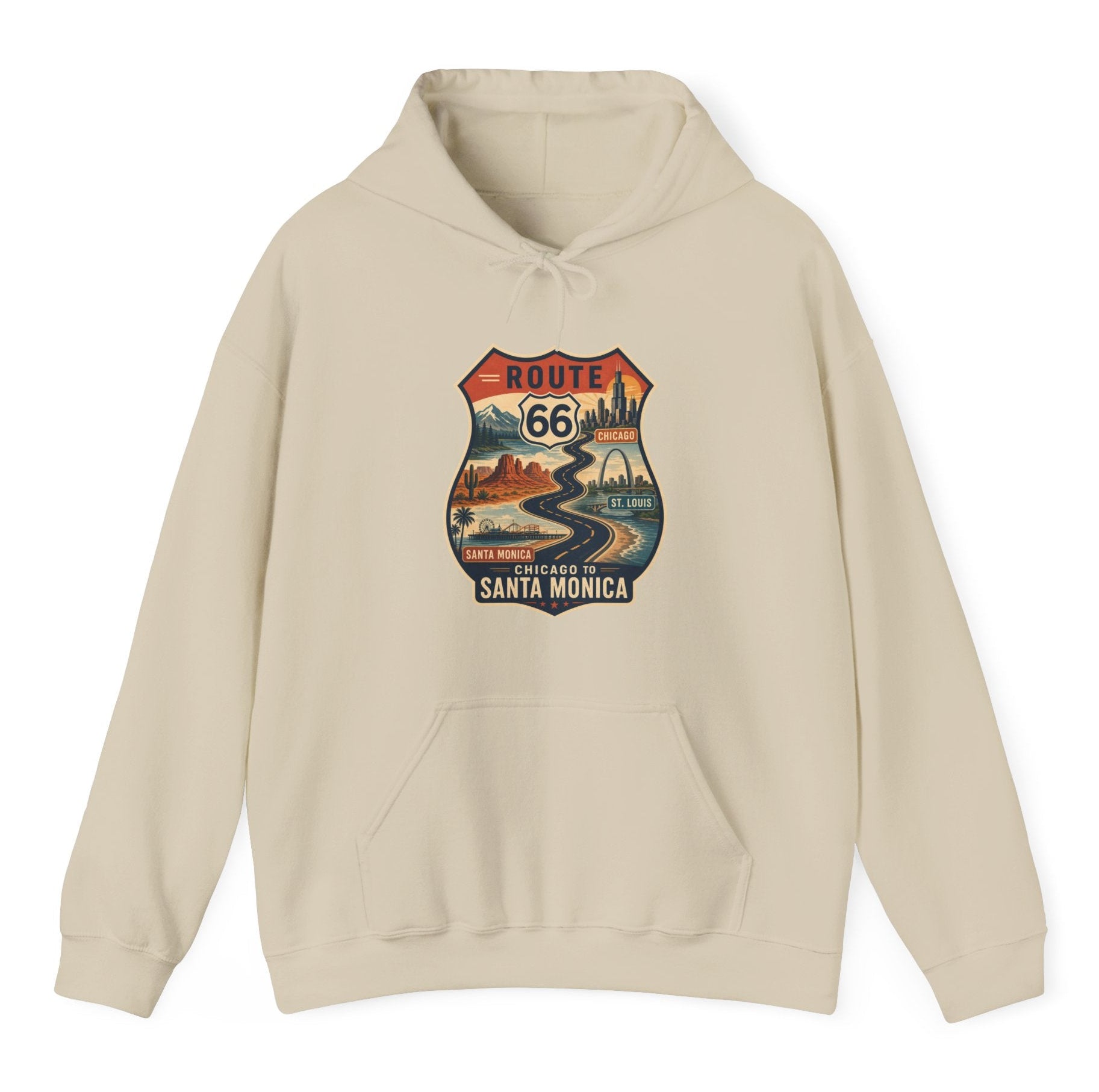 Route 66 Santa Monica Shield hoodie, Vintage road trip graphic