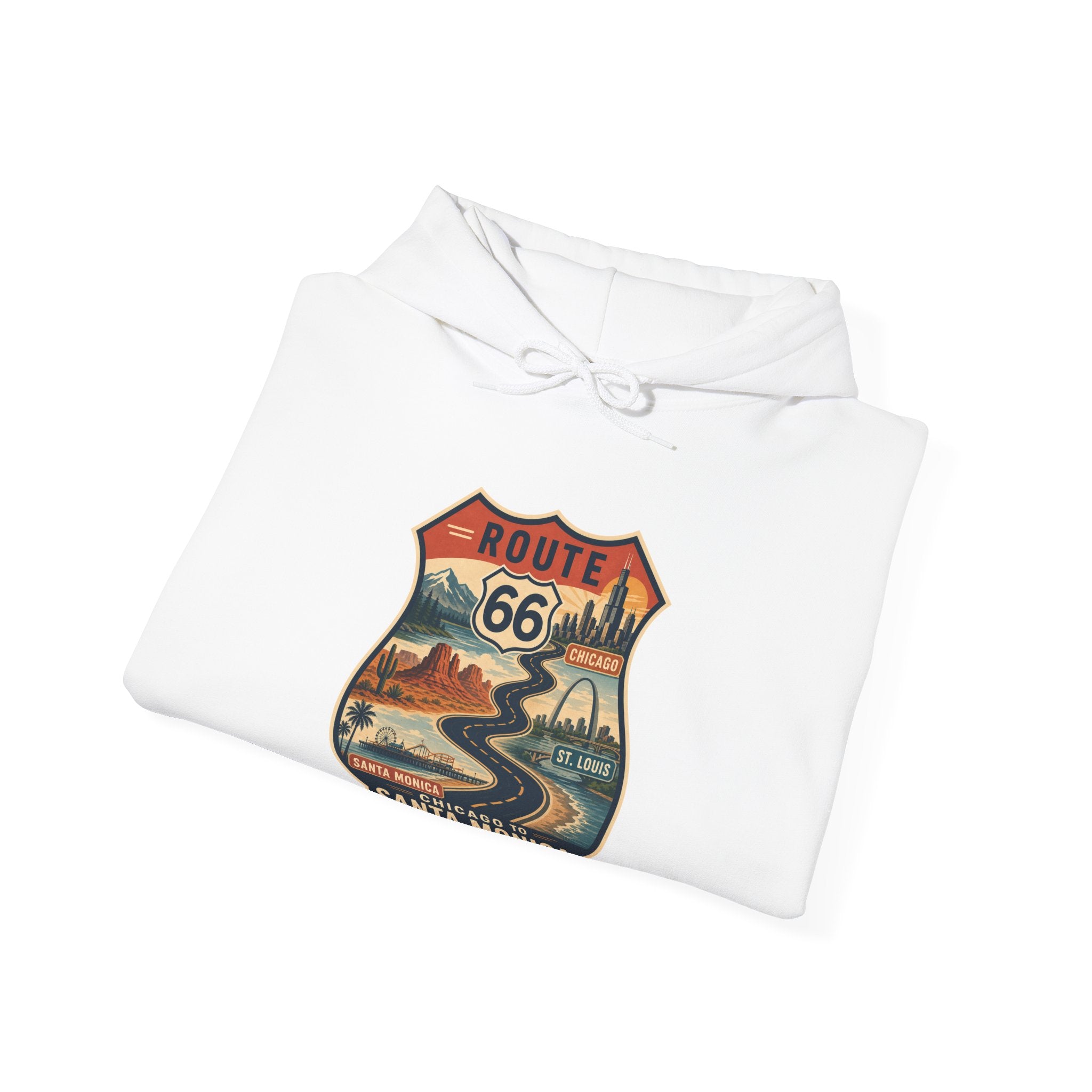 Route 66 Santa Monica Shield hoodie, Vintage road trip graphic