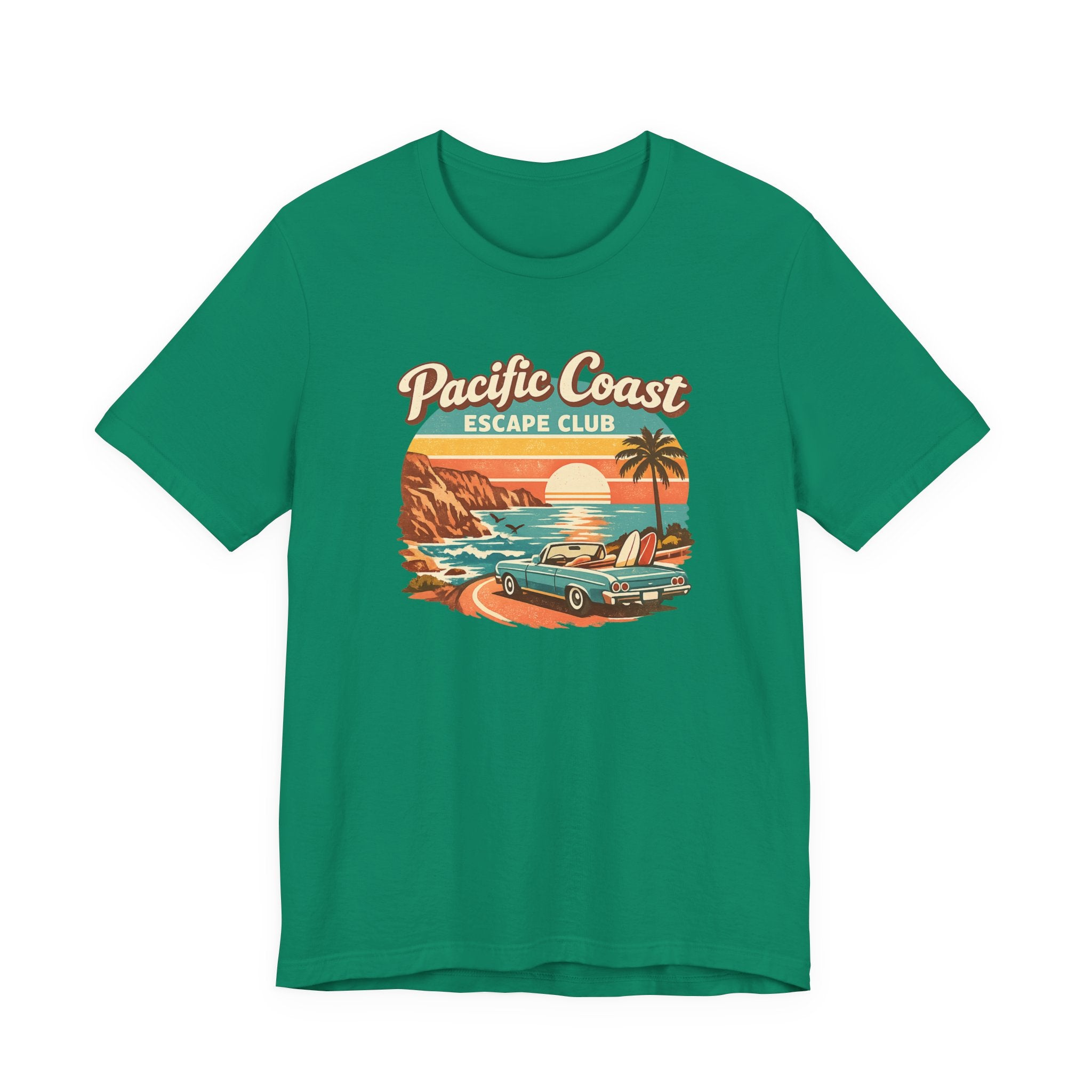 Pacific Coast Escape Club T-Shirt | Vintage Sunset Beach Car Design
