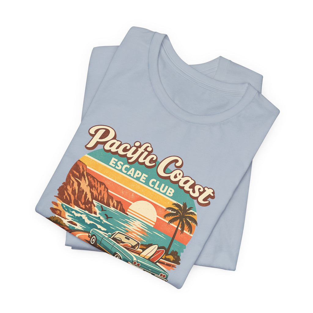 Pacific Coast Escape Club T-Shirt | Vintage Sunset Beach Car Design