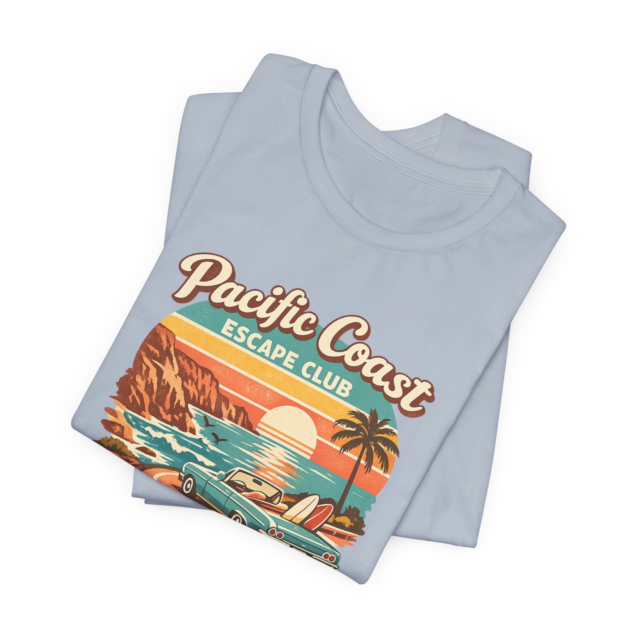 Pacific Coast Escape Club T-Shirt | Vintage Sunset Beach Car Design