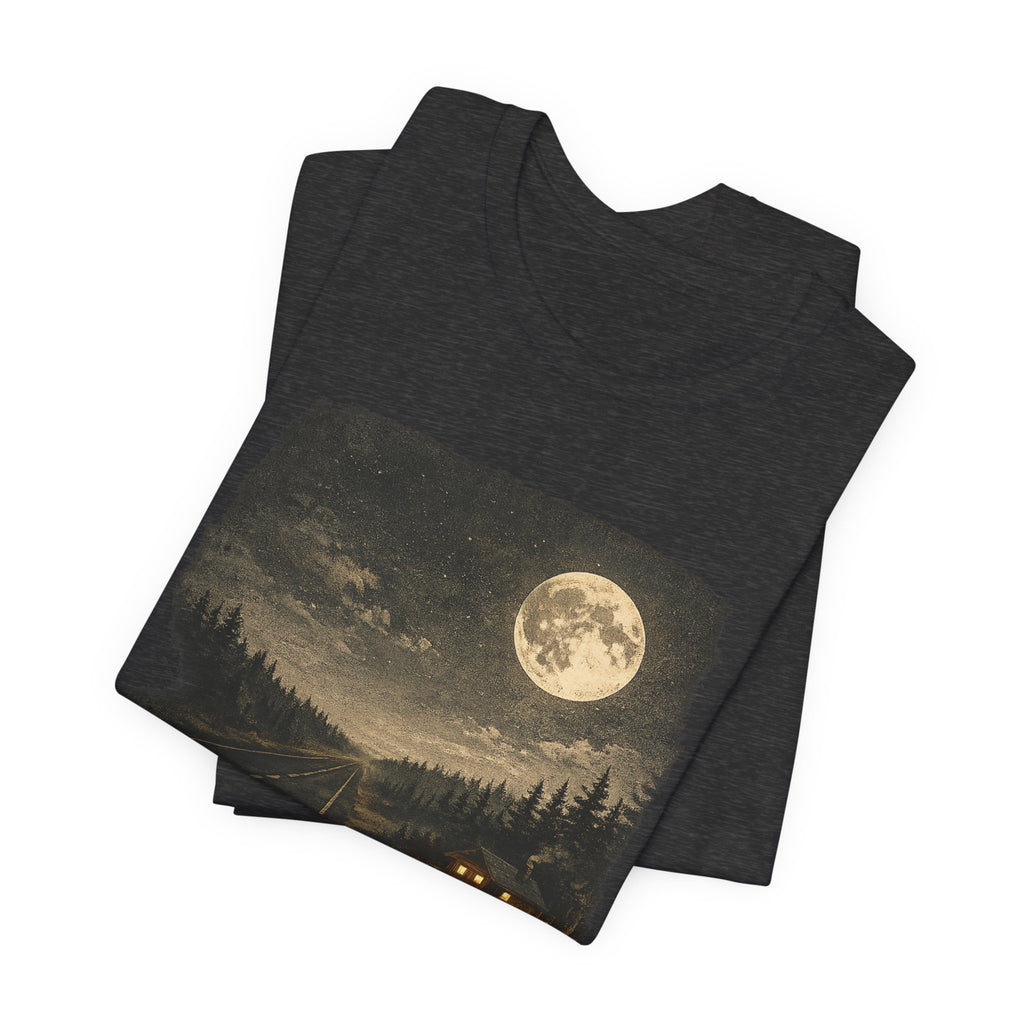 Full Moon Cabin Road T-Shirt, Night Forest Moonlight Scene