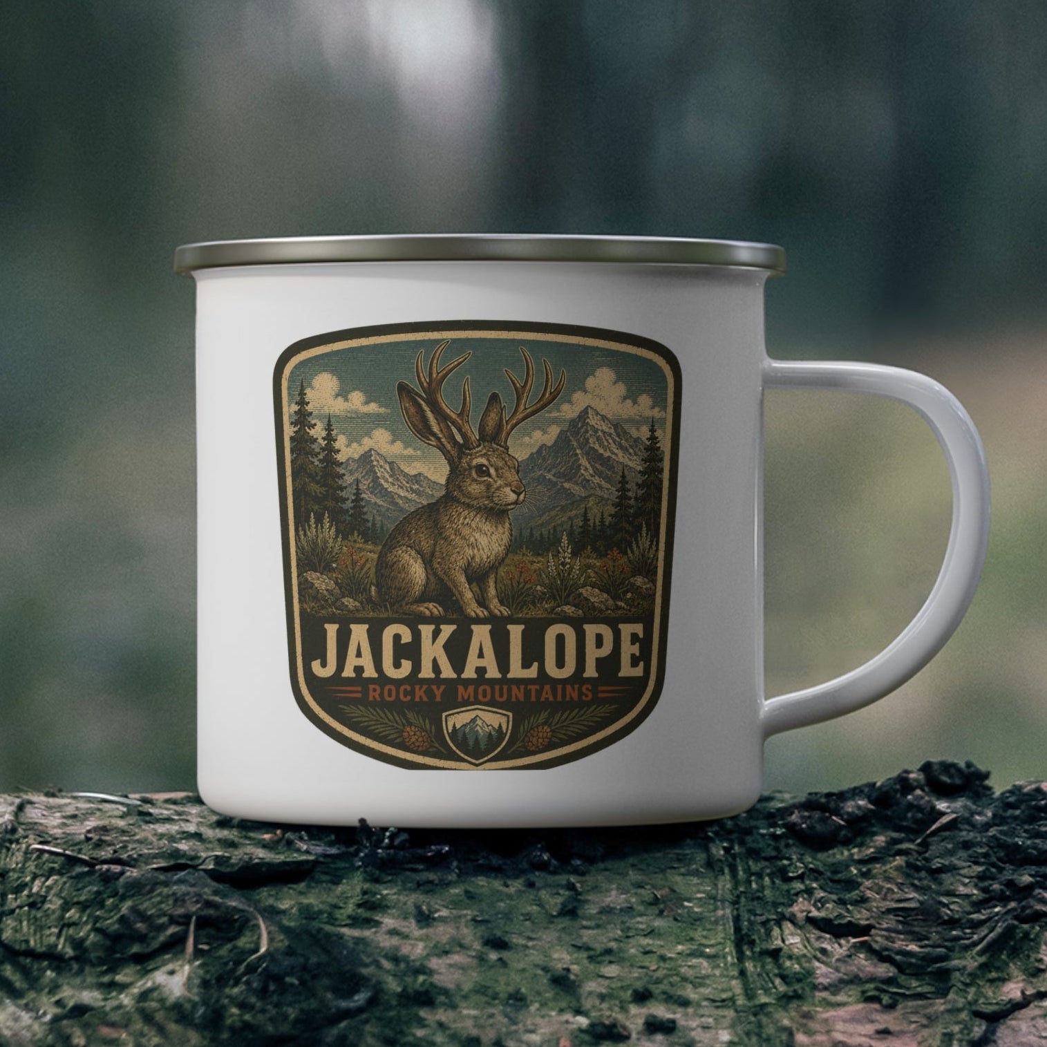 Jackalope Rocky Mountains Enamel Camping Mug | Vintage Wildlife Patch