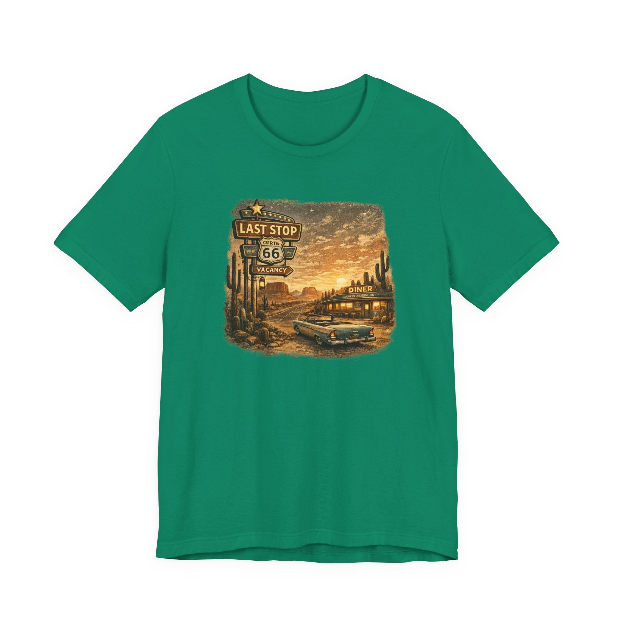 Route 66 Last Stop, T-Shirt | Desert Sunset Diner Highway Scene