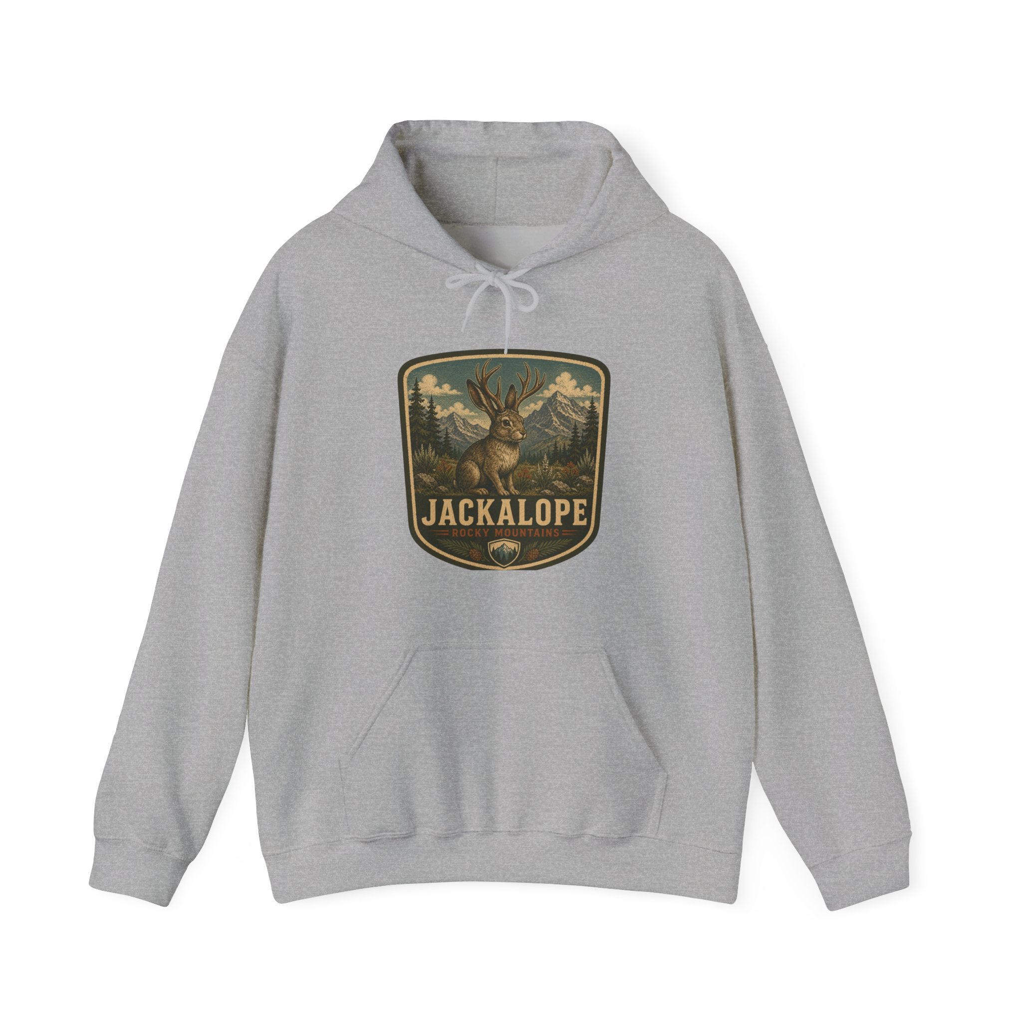 Vintage Jackalope Patch Hoodie, Mountain Wildlife Illustration