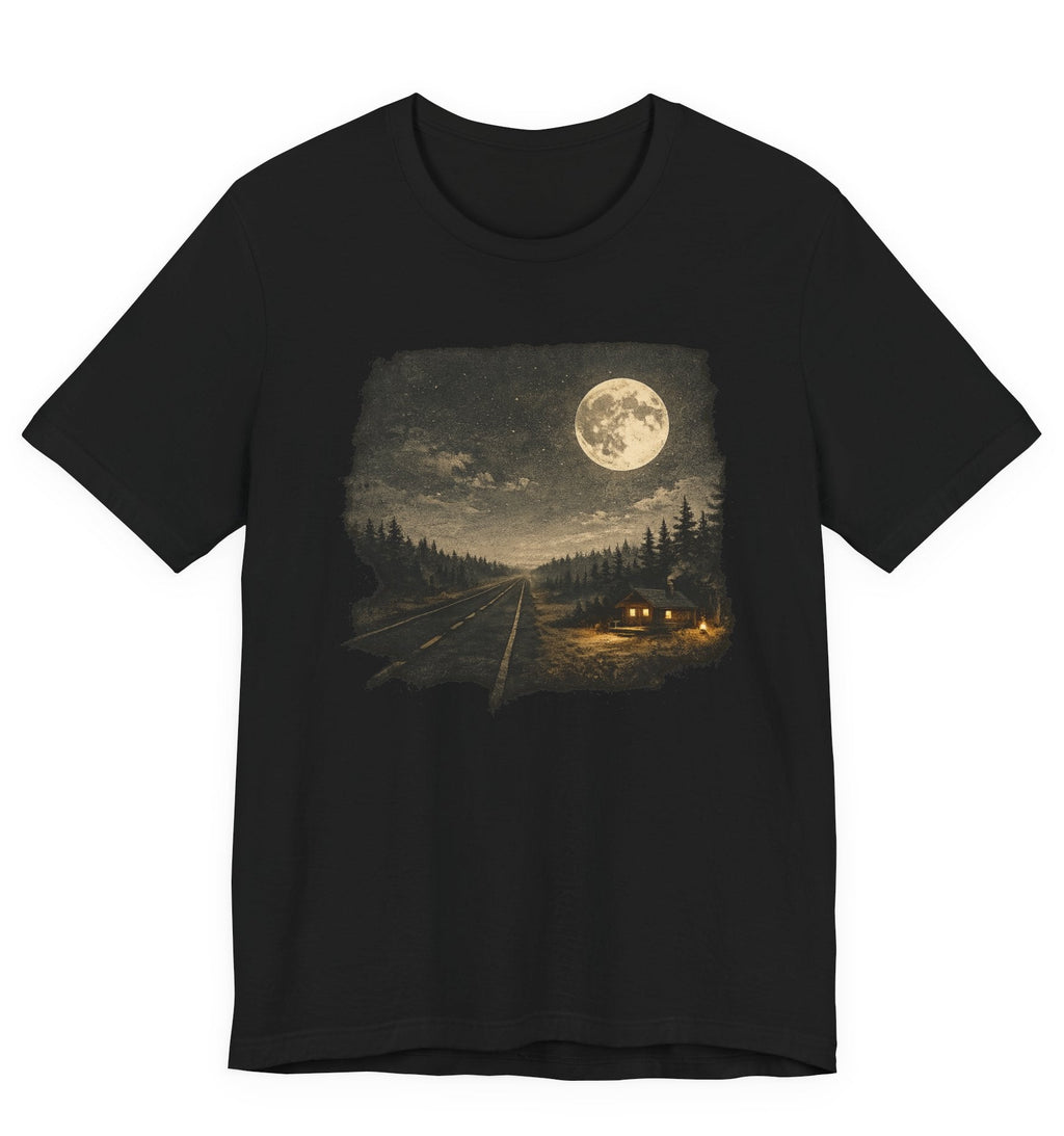 Full Moon Cabin Road T-Shirt, Night Forest Moonlight Scene