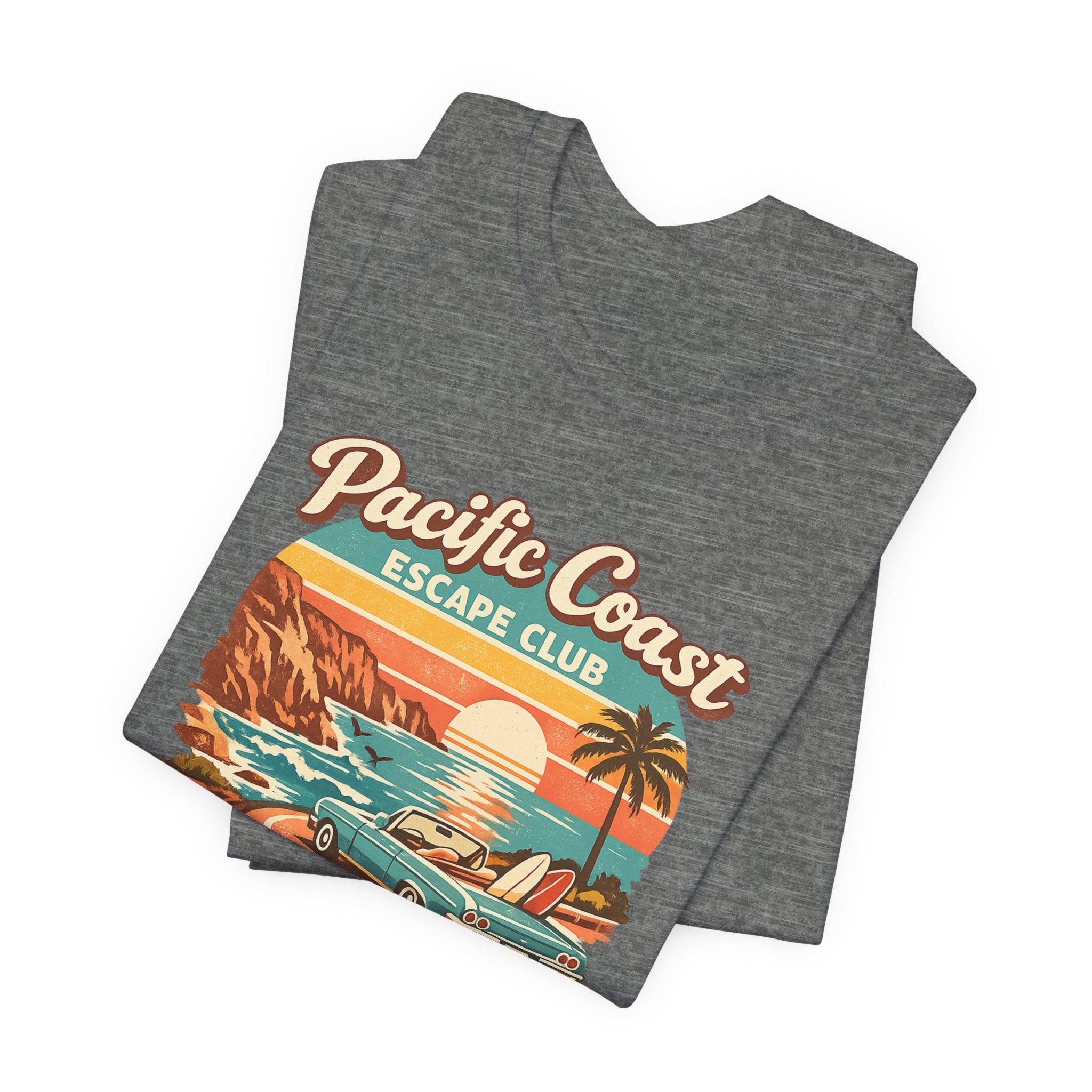 Pacific Coast Escape Club T-Shirt | Vintage Sunset Beach Car Design