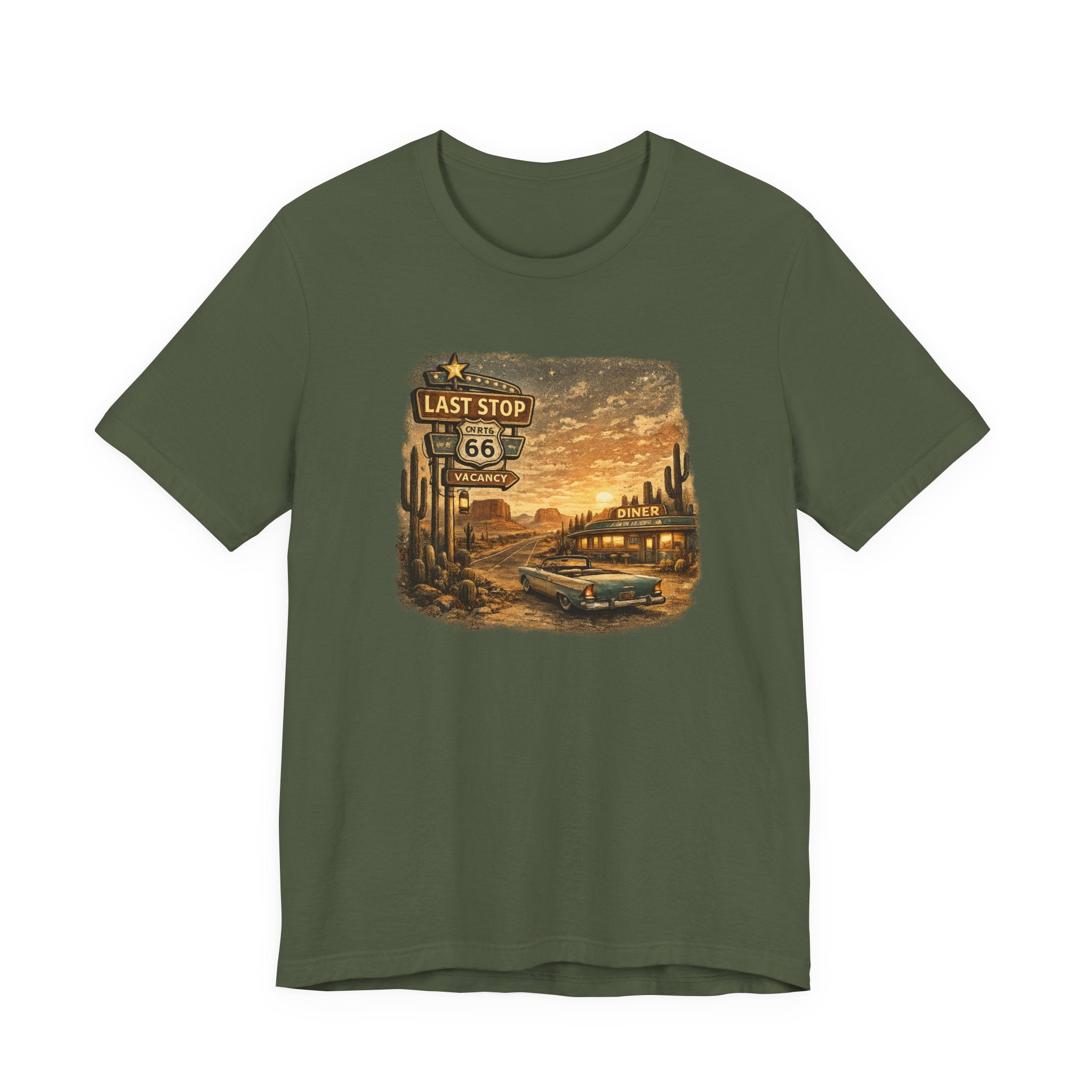 Route 66 Last Stop, T-Shirt | Desert Sunset Diner Highway Scene