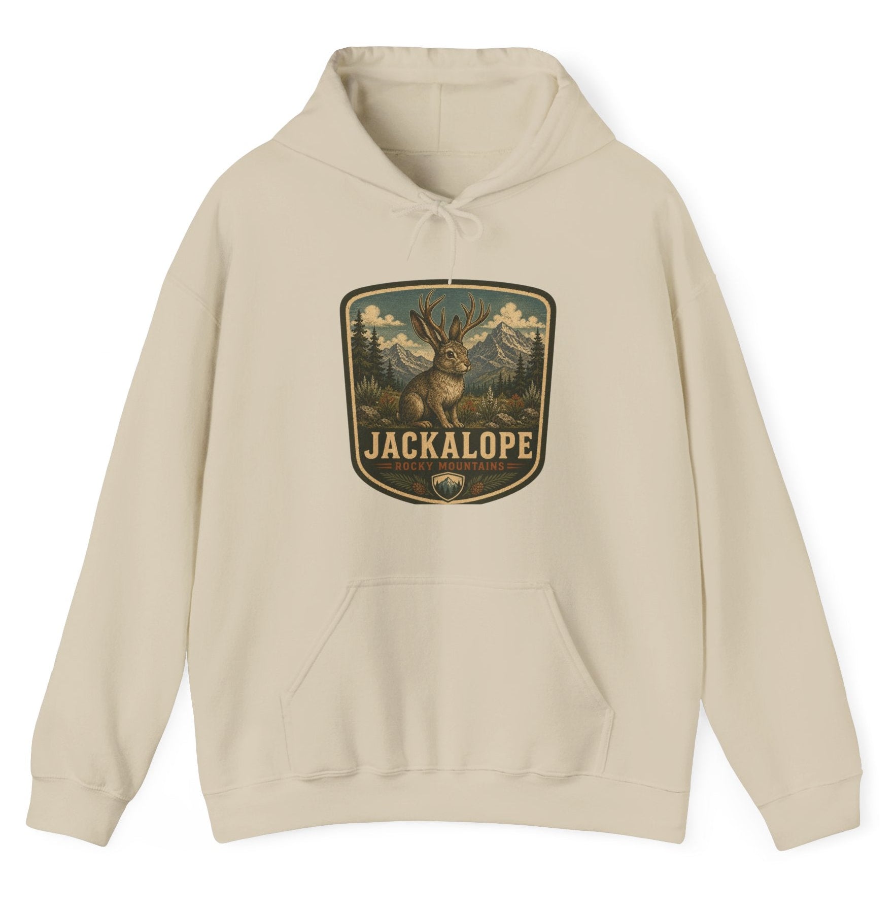 Vintage Jackalope Patch Hoodie, Mountain Wildlife Illustration