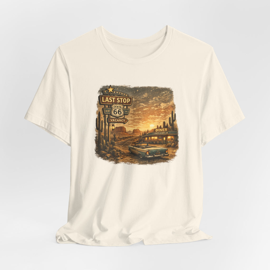 Route 66 Last Stop, T-Shirt | Desert Sunset Diner Highway Scene