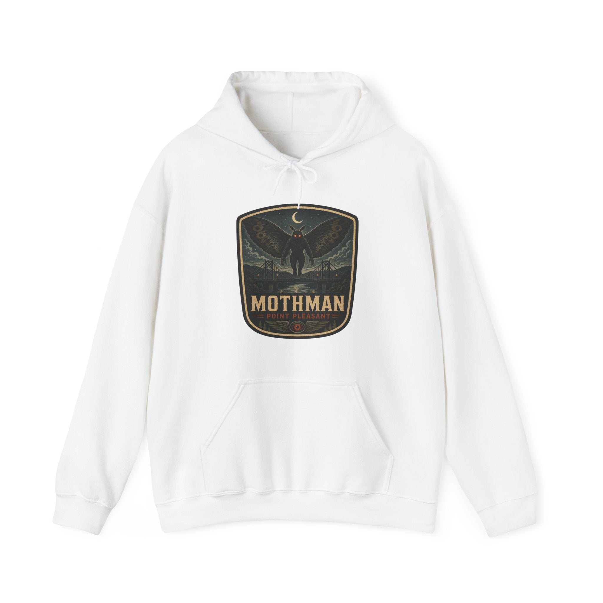 Mothman Badge Hoodie, Cryptid Nightscape Pullover