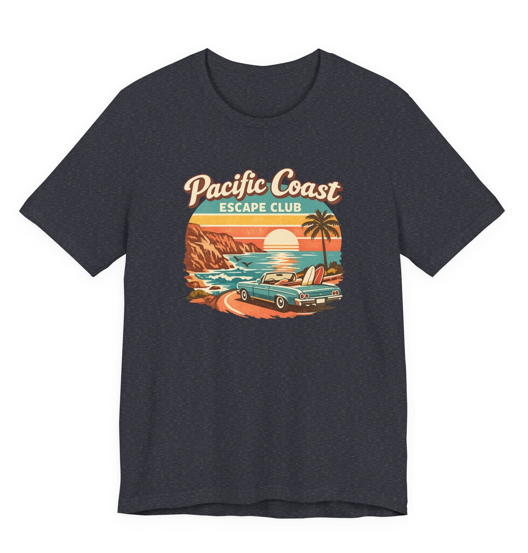 Pacific Coast Escape Club T-Shirt | Vintage Sunset Beach Car Design