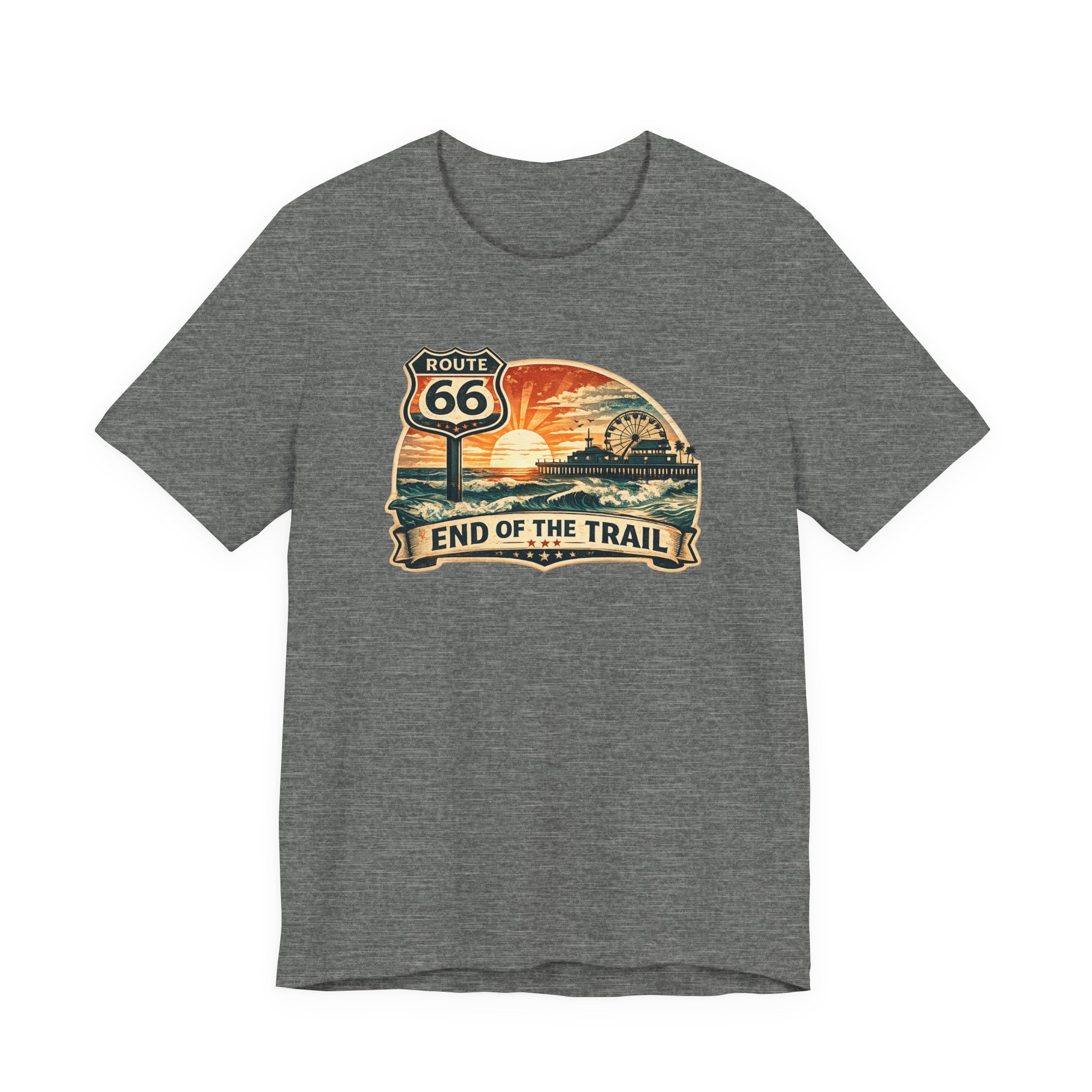 Route 66 End of the Trail T-Shirt, Vintage Americana Sunset Pier Graphic Tee, Retro Coastal Road Trip Shirt