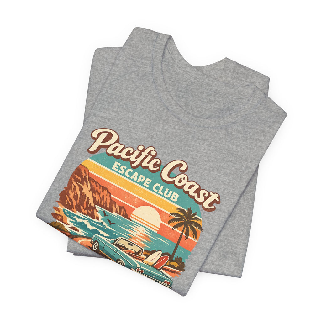 Pacific Coast Escape Club T-Shirt | Vintage Sunset Beach Car Design