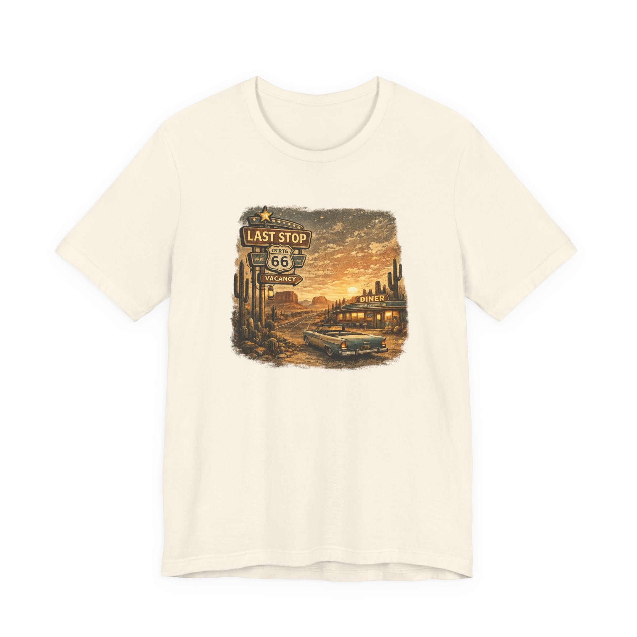 Route 66 Last Stop, T-Shirt | Desert Sunset Diner Highway Scene