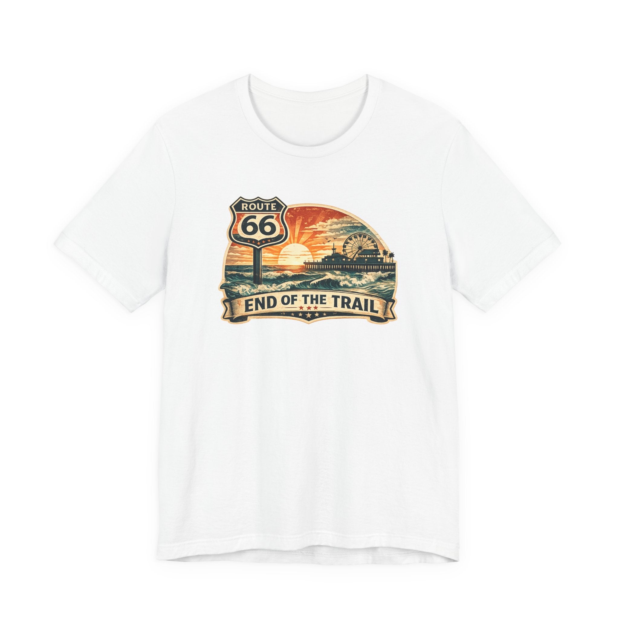 Route 66 End of the Trail T-Shirt, Vintage Americana Sunset Pier Graphic Tee, Retro Coastal Road Trip Shirt