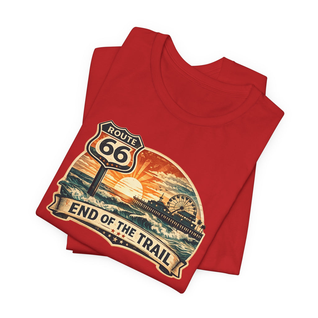 Route 66 End of the Trail T-Shirt, Vintage Americana Sunset Pier Graphic Tee, Retro Coastal Road Trip Shirt