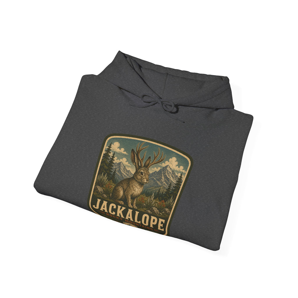 Vintage Jackalope Patch Hoodie, Mountain Wildlife Illustration