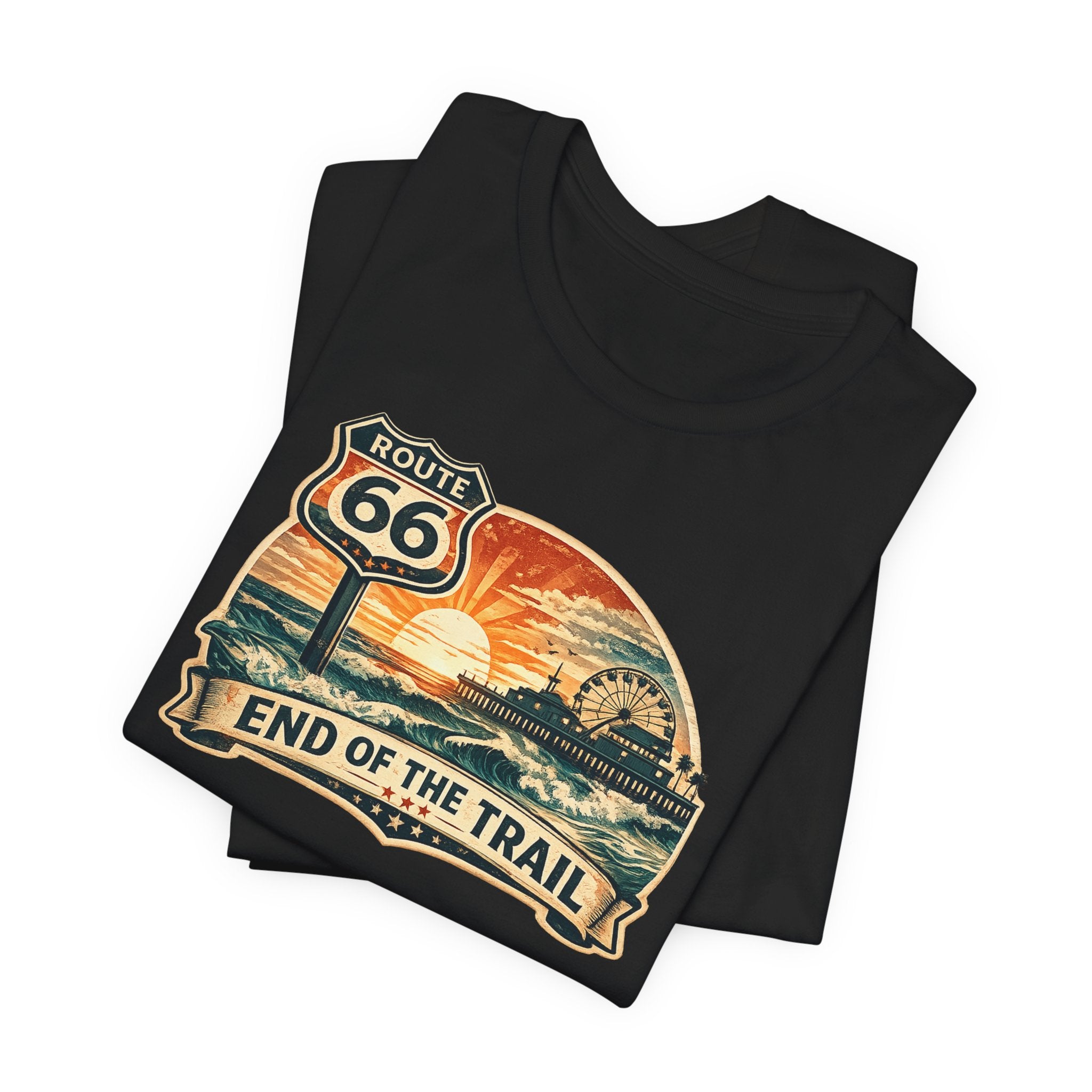 Route 66 End of the Trail T-Shirt, Vintage Americana Sunset Pier Graphic Tee, Retro Coastal Road Trip Shirt