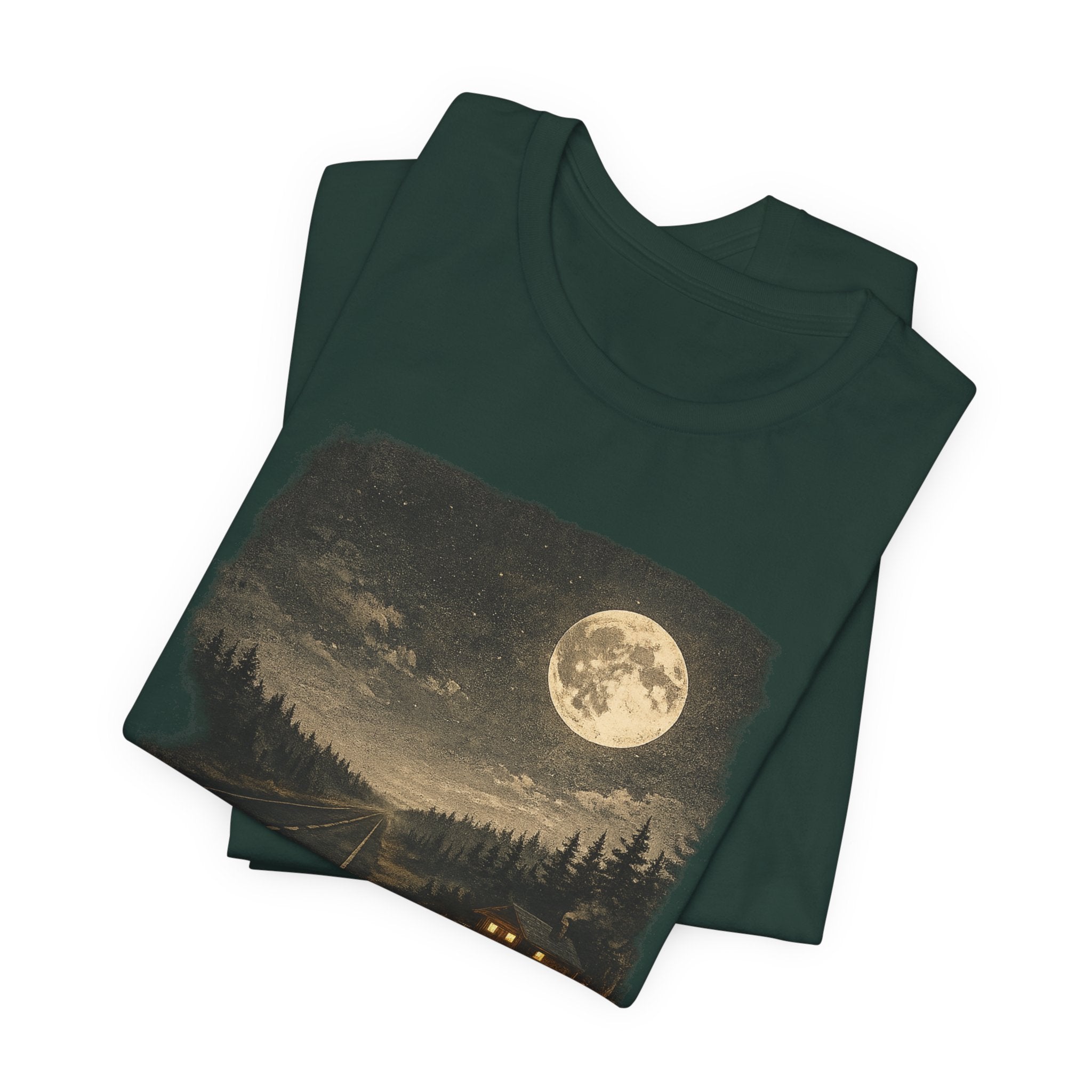 Full Moon Cabin Road T-Shirt, Night Forest Moonlight Scene