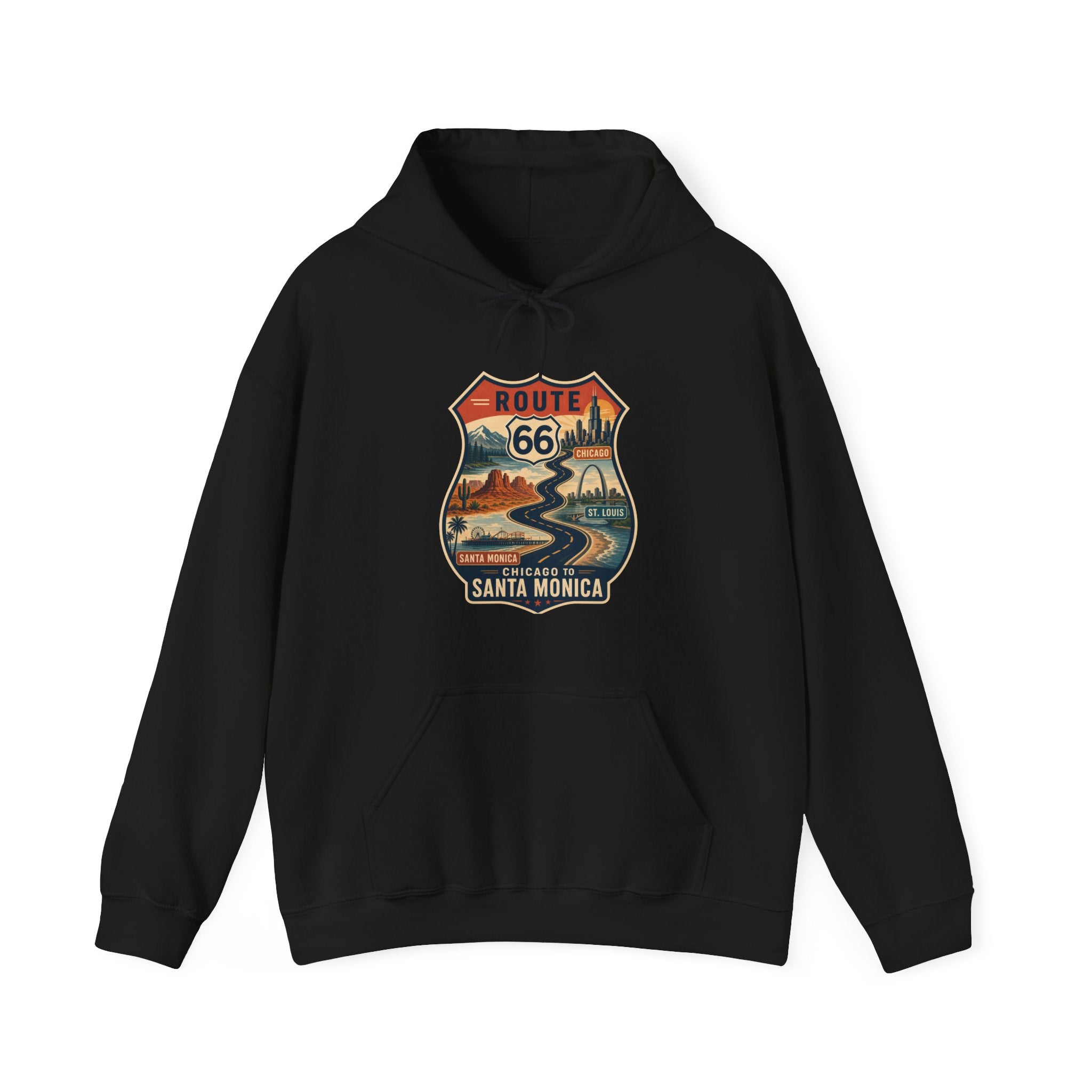 Route 66 Santa Monica Shield hoodie, Vintage road trip graphic