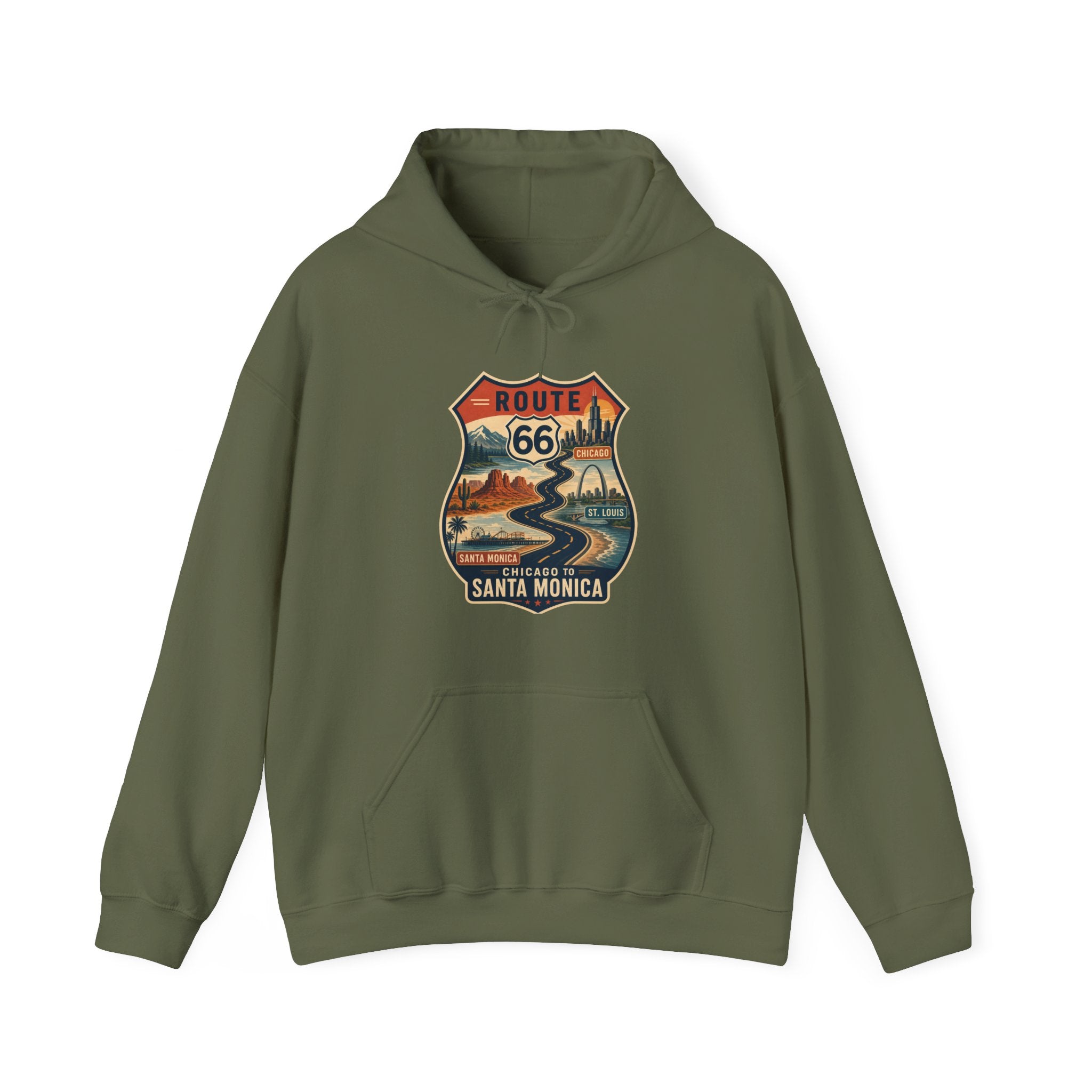 Route 66 Santa Monica Shield hoodie, Vintage road trip graphic