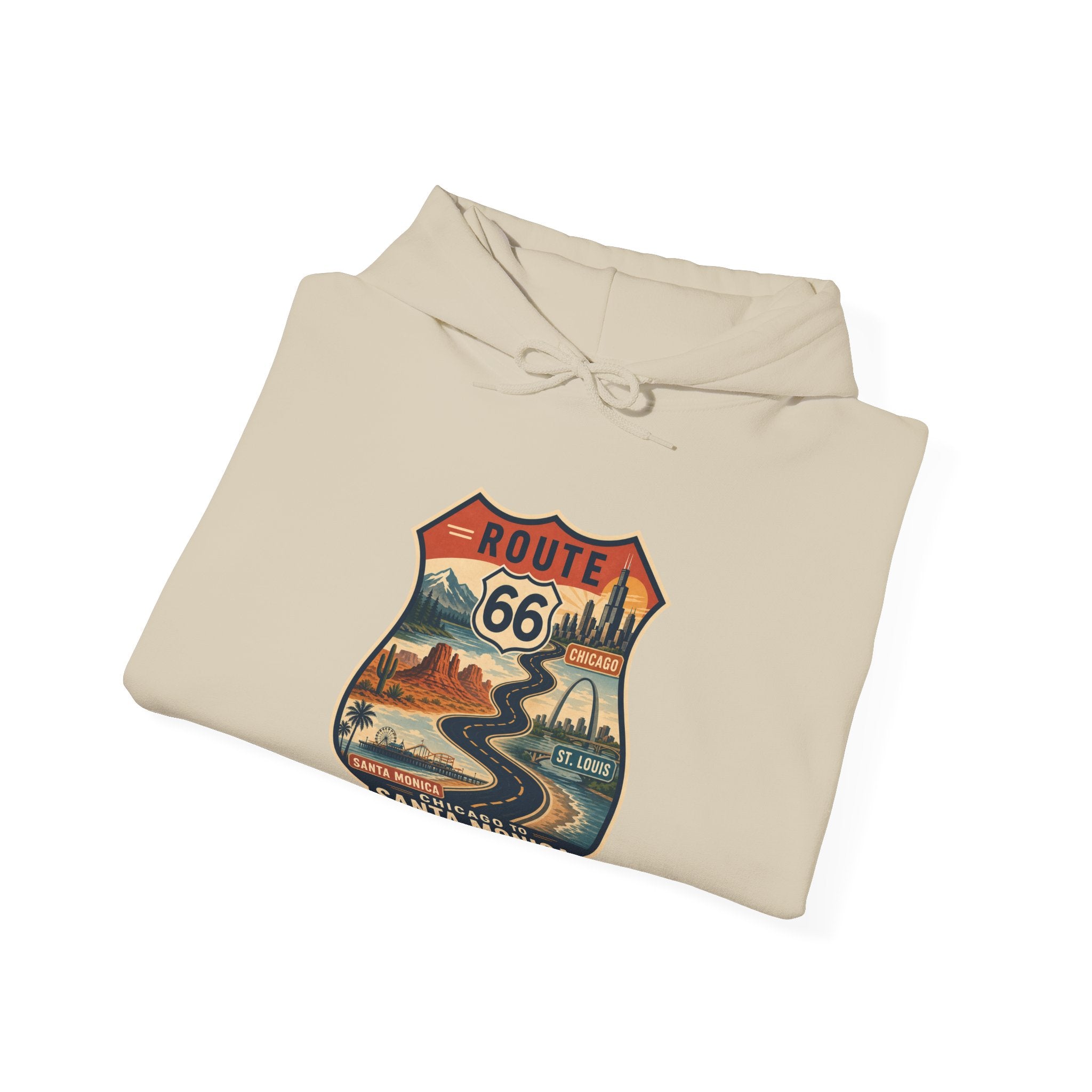 Route 66 Santa Monica Shield hoodie, Vintage road trip graphic