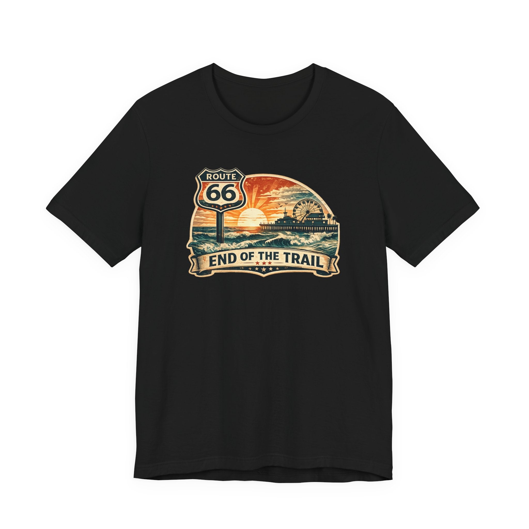Route 66 End of the Trail T-Shirt, Vintage Americana Sunset Pier Graphic Tee, Retro Coastal Road Trip Shirt