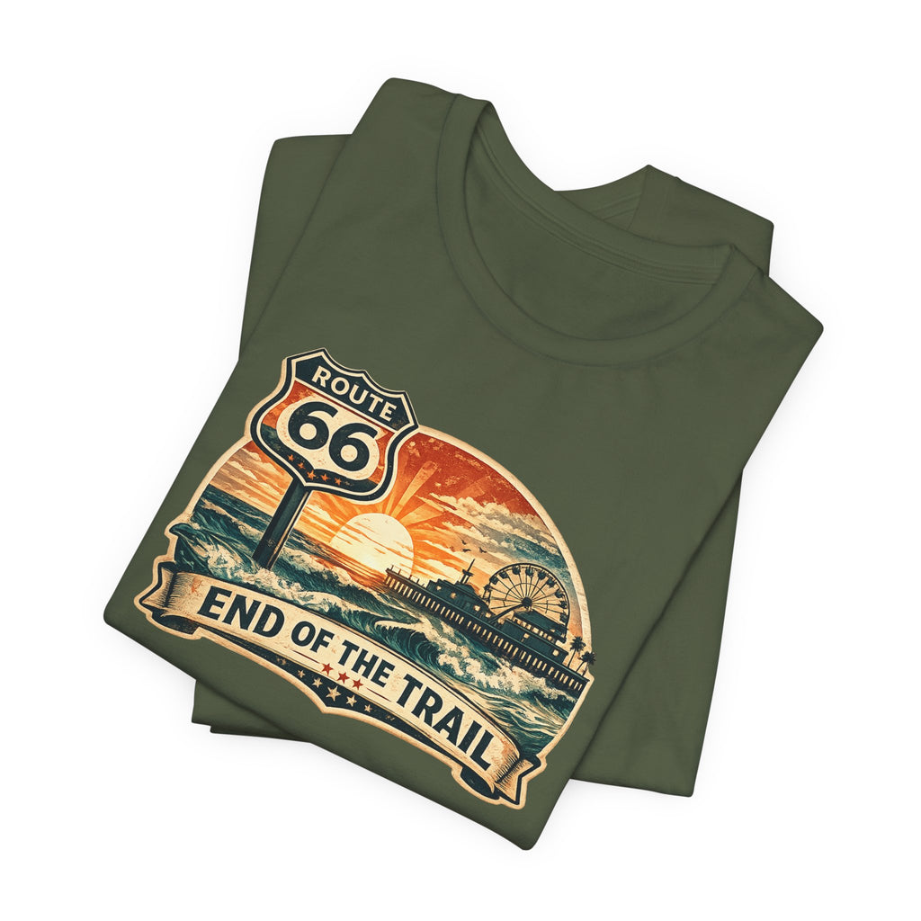 Route 66 End of the Trail T-Shirt, Vintage Americana Sunset Pier Graphic Tee, Retro Coastal Road Trip Shirt