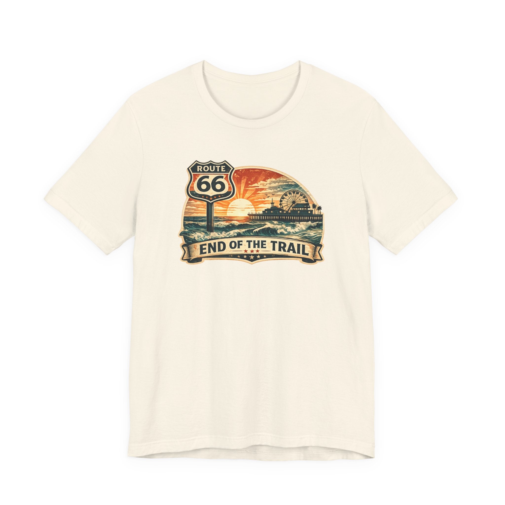 Route 66 End of the Trail T-Shirt, Vintage Americana Sunset Pier Graphic Tee, Retro Coastal Road Trip Shirt