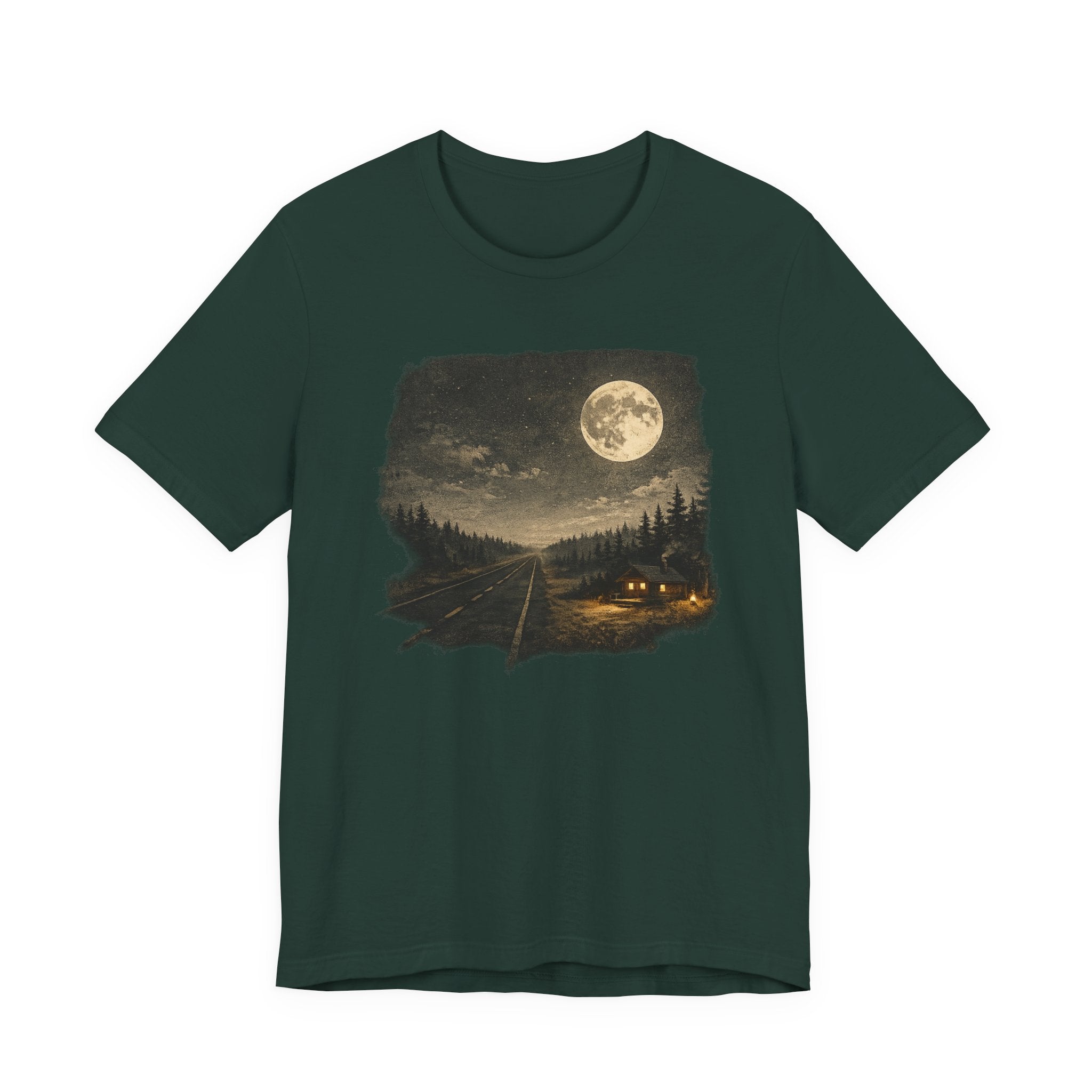 Full Moon Cabin Road T-Shirt, Night Forest Moonlight Scene