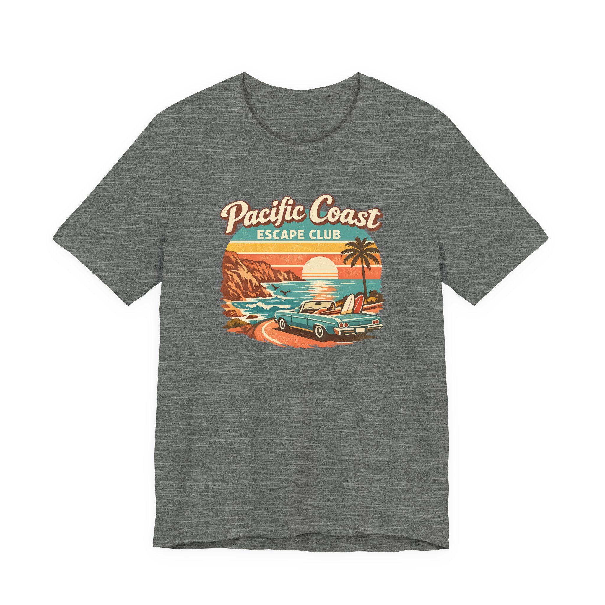 Pacific Coast Escape Club T-Shirt | Vintage Sunset Beach Car Design