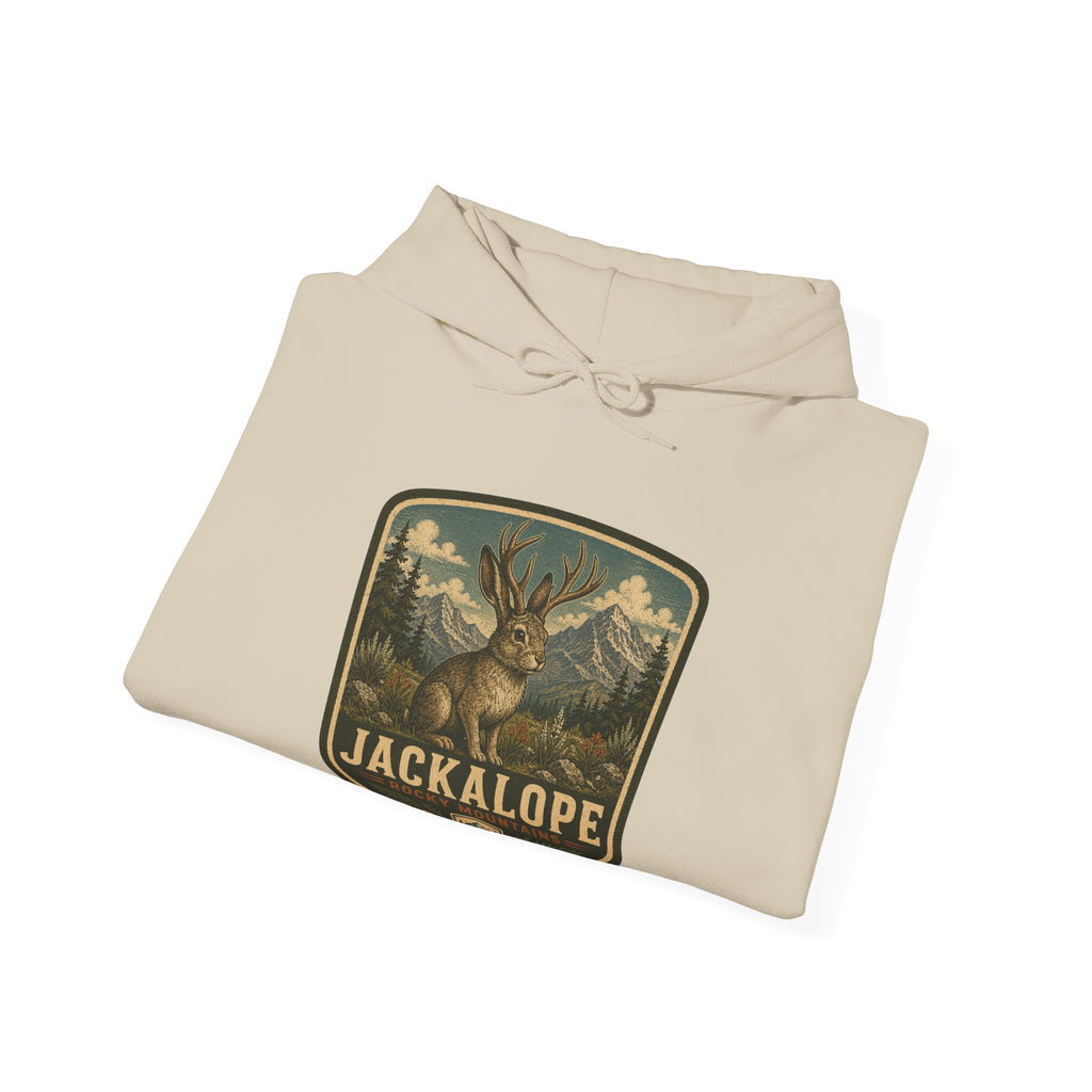 Vintage Jackalope Patch Hoodie, Mountain Wildlife Illustration