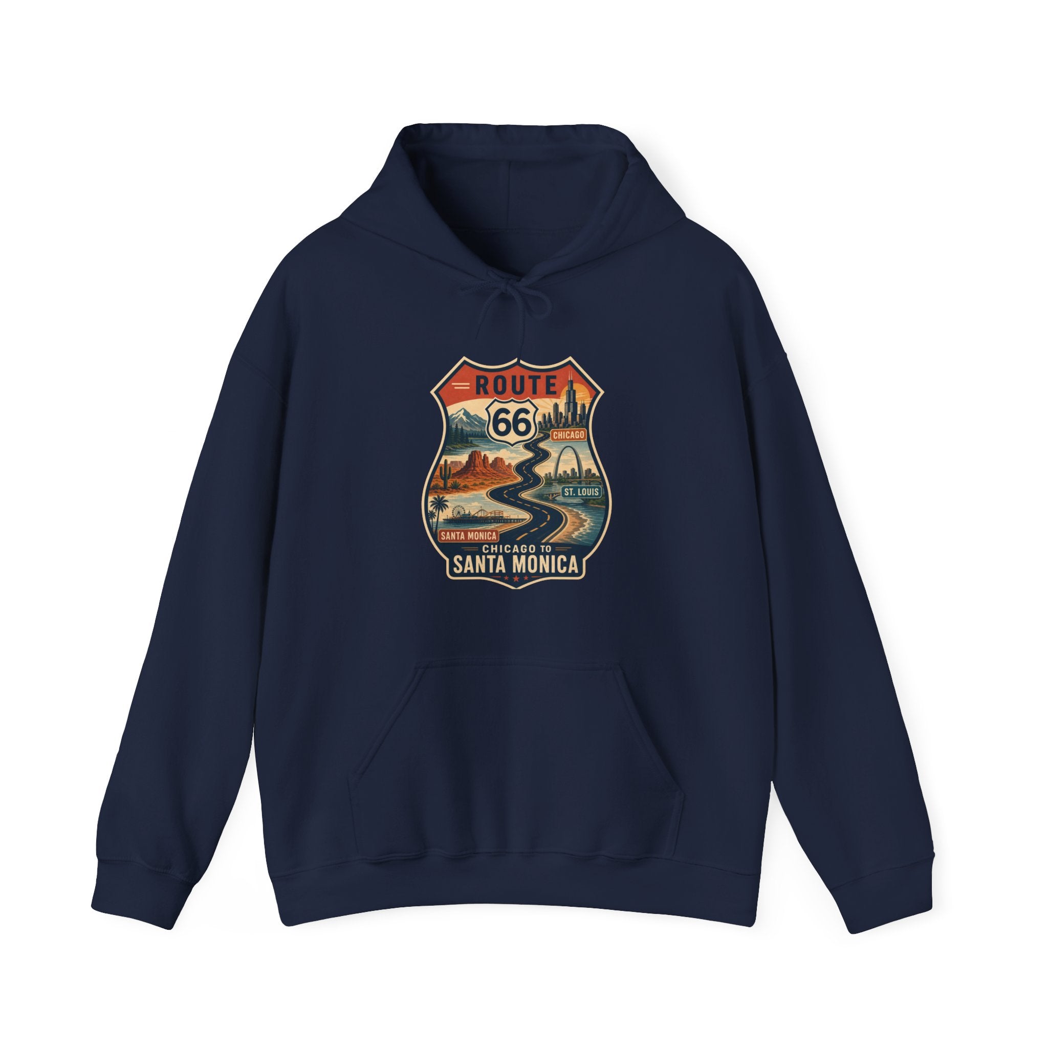 Route 66 Santa Monica Shield hoodie, Vintage road trip graphic