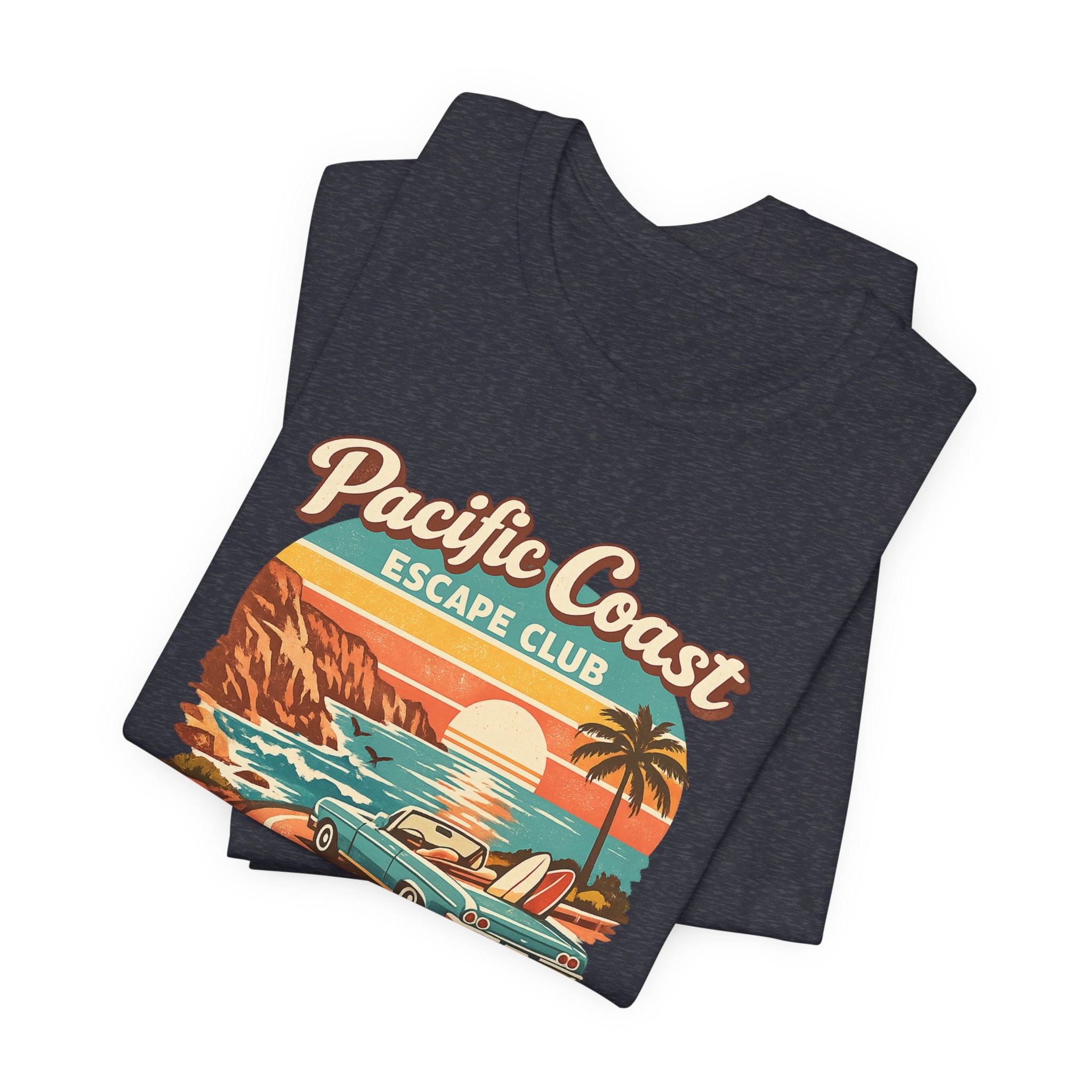 Pacific Coast Escape Club T-Shirt | Vintage Sunset Beach Car Design