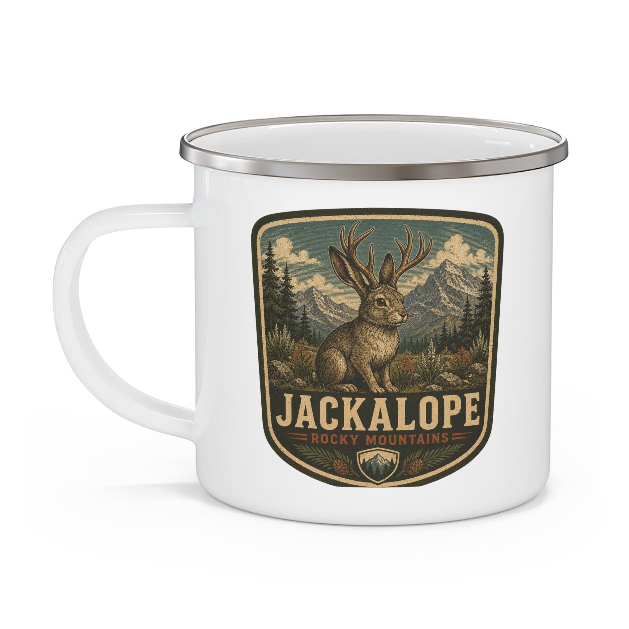 Jackalope Rocky Mountains Enamel Camping Mug | Vintage Wildlife Patch
