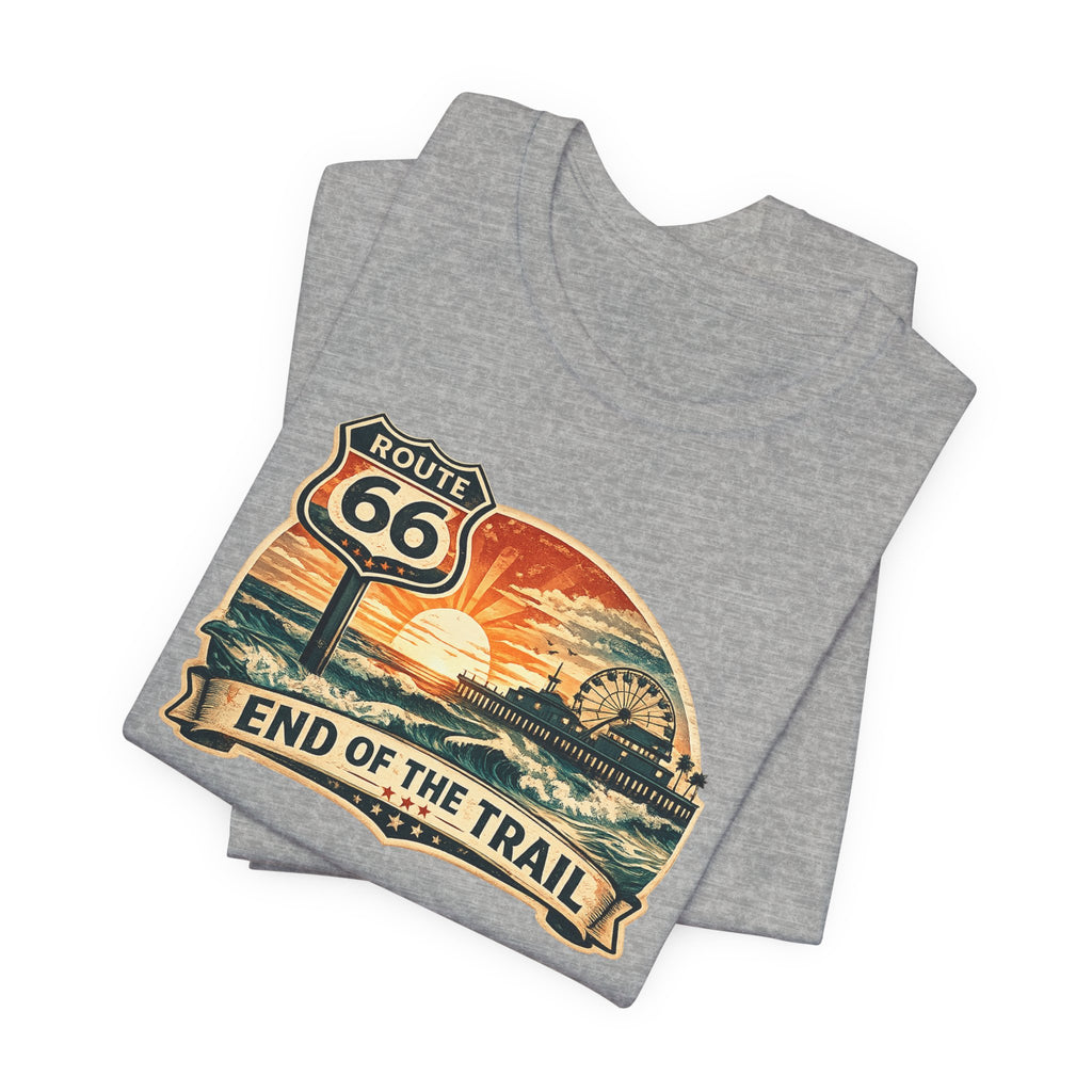 Route 66 End of the Trail T-Shirt, Vintage Americana Sunset Pier Graphic Tee, Retro Coastal Road Trip Shirt