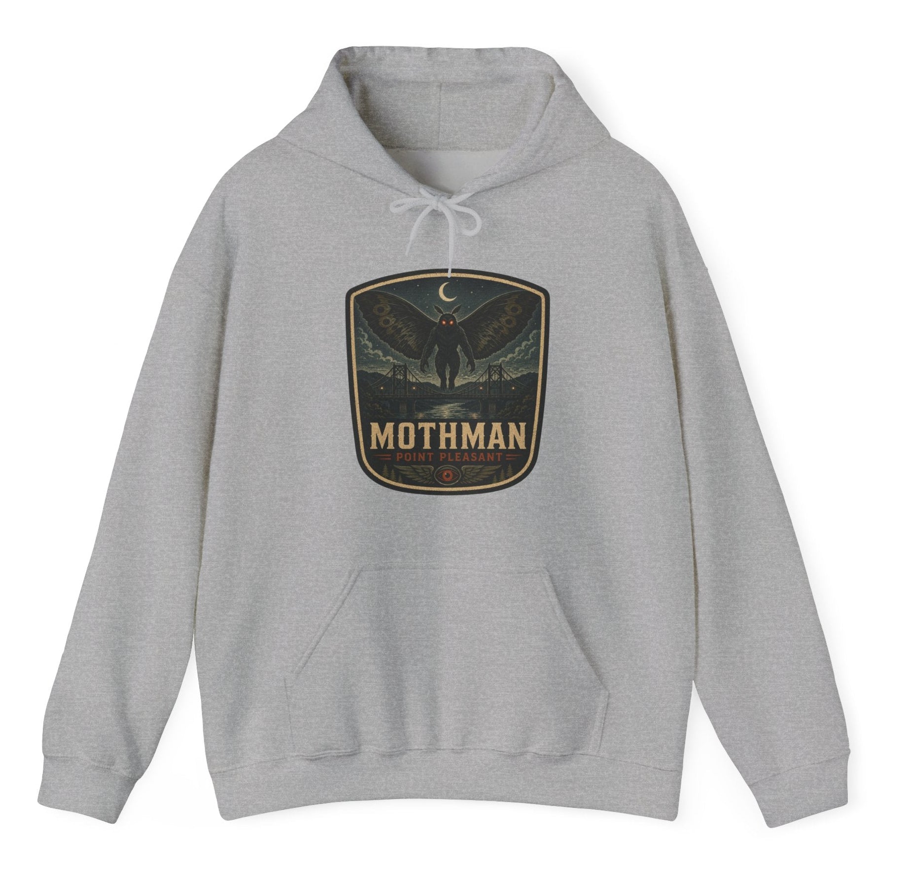 Mothman Badge Hoodie, Cryptid Nightscape Pullover