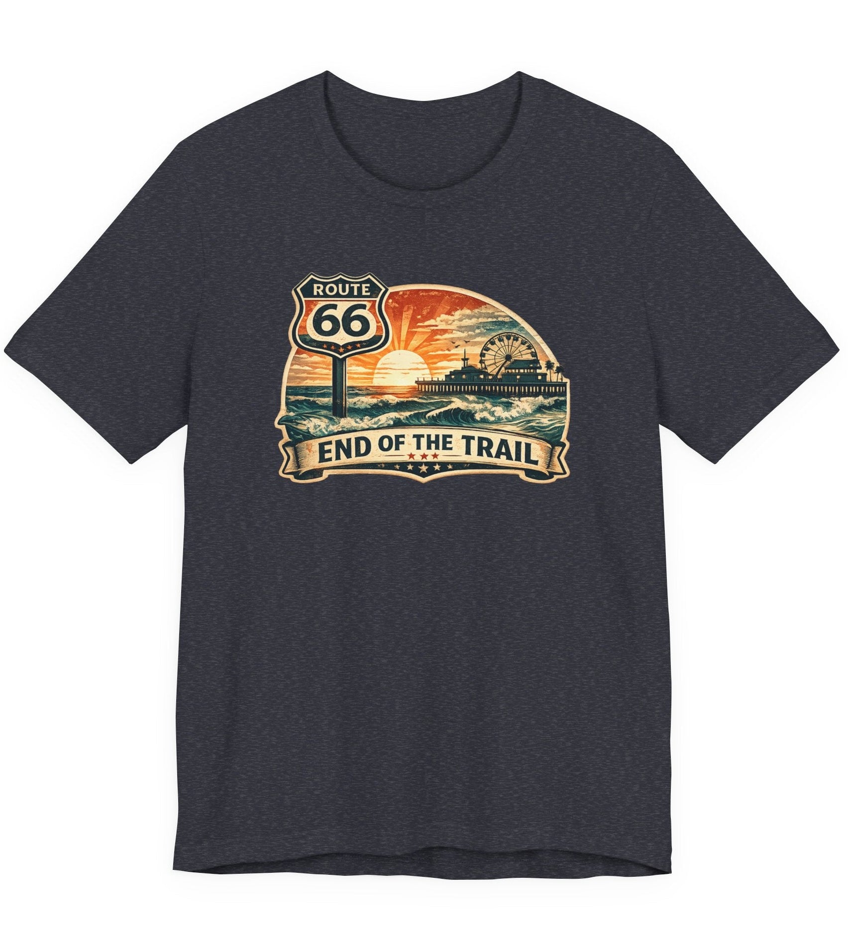 Route 66 End of the Trail T-Shirt, Vintage Americana Sunset Pier Graphic Tee, Retro Coastal Road Trip Shirt